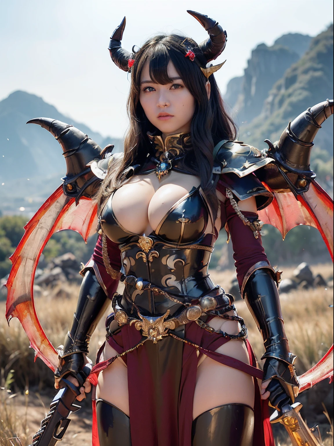 Professional , ​masterpiece、top-quality、photos realistic , depth of fields 、(A dark-haired) 、（Gemstone White Metal Body:1.4),(Matte Black、Jewel Gold Weapon、（maikurobikini）,Gorgeous metal weapons ,Particles of light、（Fight dragons）、（Black wings）、（（ Detailed and gorgeous sword of the brave）） ,Light Effects、intense fighting、Wind-effect、magic circles、 (A dark-haired)  ,Fight legions of soldiers in skeleton armor ,Detail and ornate jewel crown、With the legendary magic wand、Dragon's tail、explosions、（（maikurobikini））、（（Gangle's forest background））、Beautiful Caucasian beauty、１a person、dynamic ungle,(((Details of the two demon horns on the head)))、Smaller head、A smile、Background inside the castle、Thin and beautiful female hands、cleavage of the breast、Soldier in iron armor on background、Mystical expression、Light Effects、Wind-effect、With the legendary magic wand、（wingspan）、Toostock、Anatomically correct body、Battle Pose、