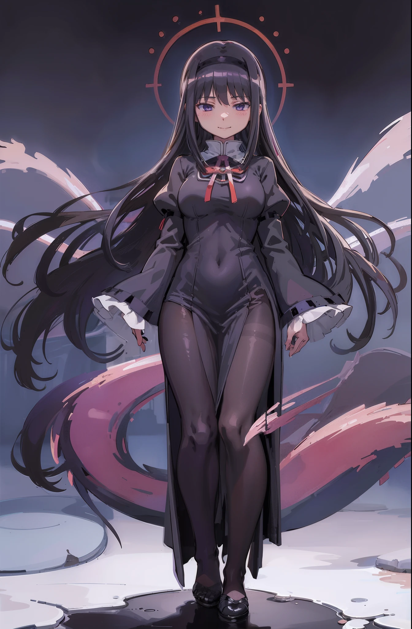 , (masterpiece:1.2), (best quality:1.15), extremely detailed,1girl, detailed,1girl, solo, homuramagica, long hair, pantyhose,, long dress, priestess, blackcloths, black veils, gothic, long skirt, black robe, religious, standing, full body, medium breast, mature woman, tallgirl, standing,smile,, purple eyes,homura