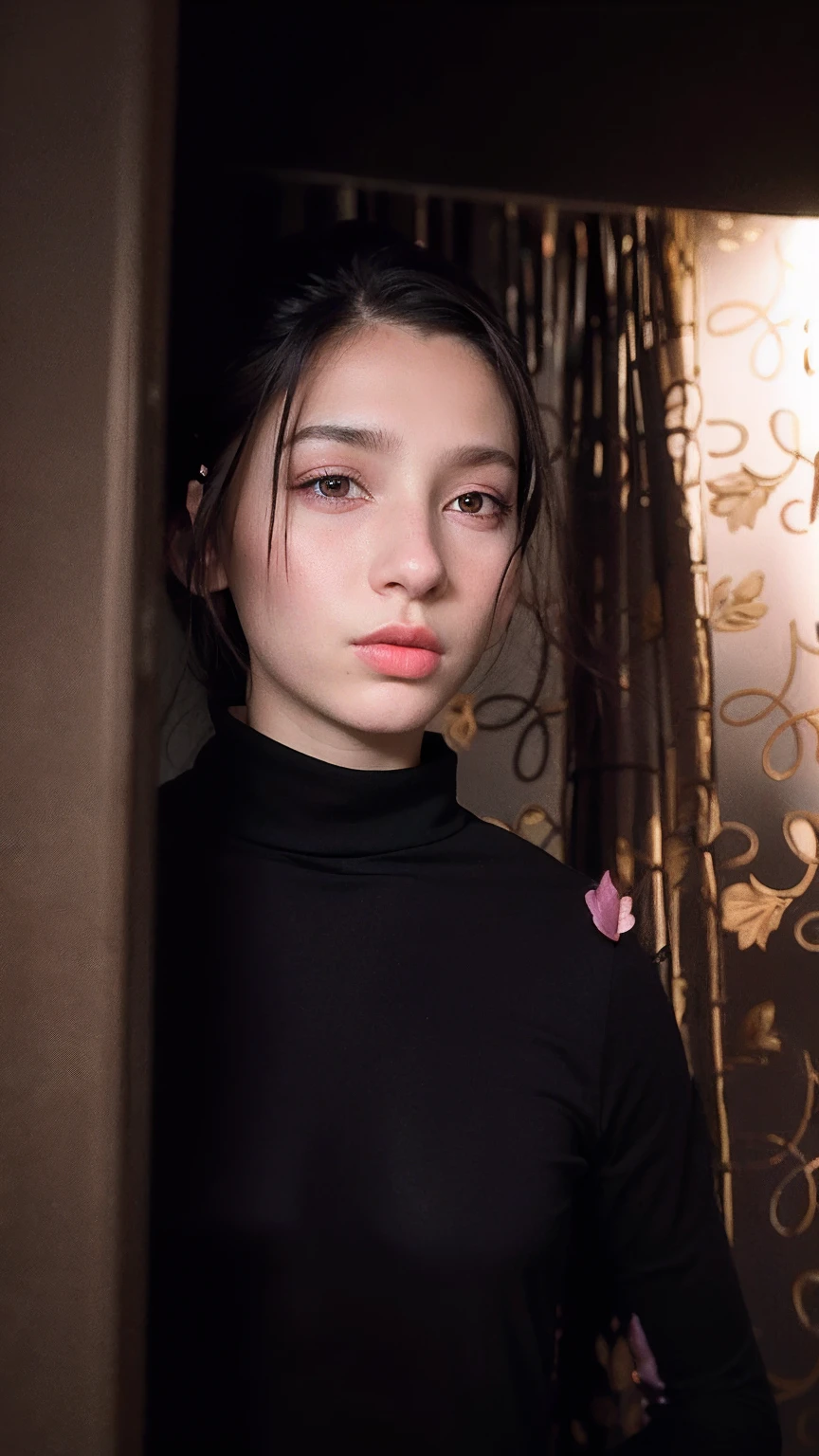 arafed woman with a black shirt and pink lipstick in a dark room, with accurate face, androgynous face, 18 years old, very very low quality picture, pale-skinned persian girl, in style of petra collins, androgynous person, taken in the early 2020s, very very very beautifull face, 🤤 girl portrait