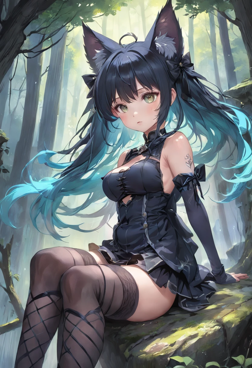 ((Need)), ((tmasterpiece)), (A detailed), black lence stockings, Girl,Ethereal beauty, Perched in the woods, (fantasy illustrations:1.3), Seductive gaze, captivating posture, otherworldly charm, the street, (Luis Royo:1.2), (Yoshitaka Amano:1.1), Rainy days, pastelcolor, (Detailed cloud view:1.3), (A high resolution:1.2),huge tit,Sultry look lifted thighs,Cat ears,a cat tail,The hand caressed the chest