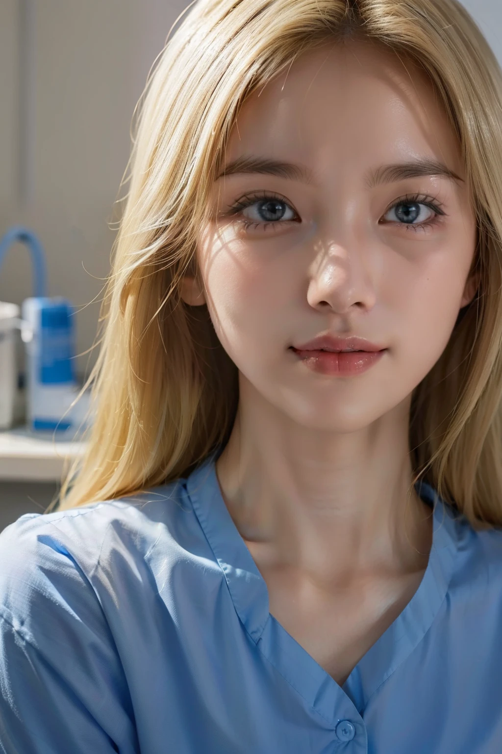 a smile、cute little、Woman in light blue shirt、surgeon, holding syringe,laugh、nurse girl, in 8K, healthcare worker, Surgery IV, Nurse,, Hospital room、hyper realstic, (doctor)、((blondehair))、Highly detailed facial and skin texture、A detailed eye、二重まぶた、laugh((top-quality、8K、​masterpiece：1.3)