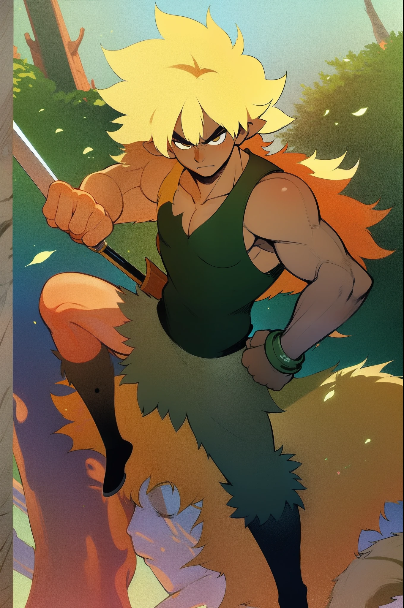 masterpiece, best quality, detailed, 1boy, male focus, tree, forest, holding sword, serious, sakata gintoki,vest, germanic vest, (black pants:0.6), standing