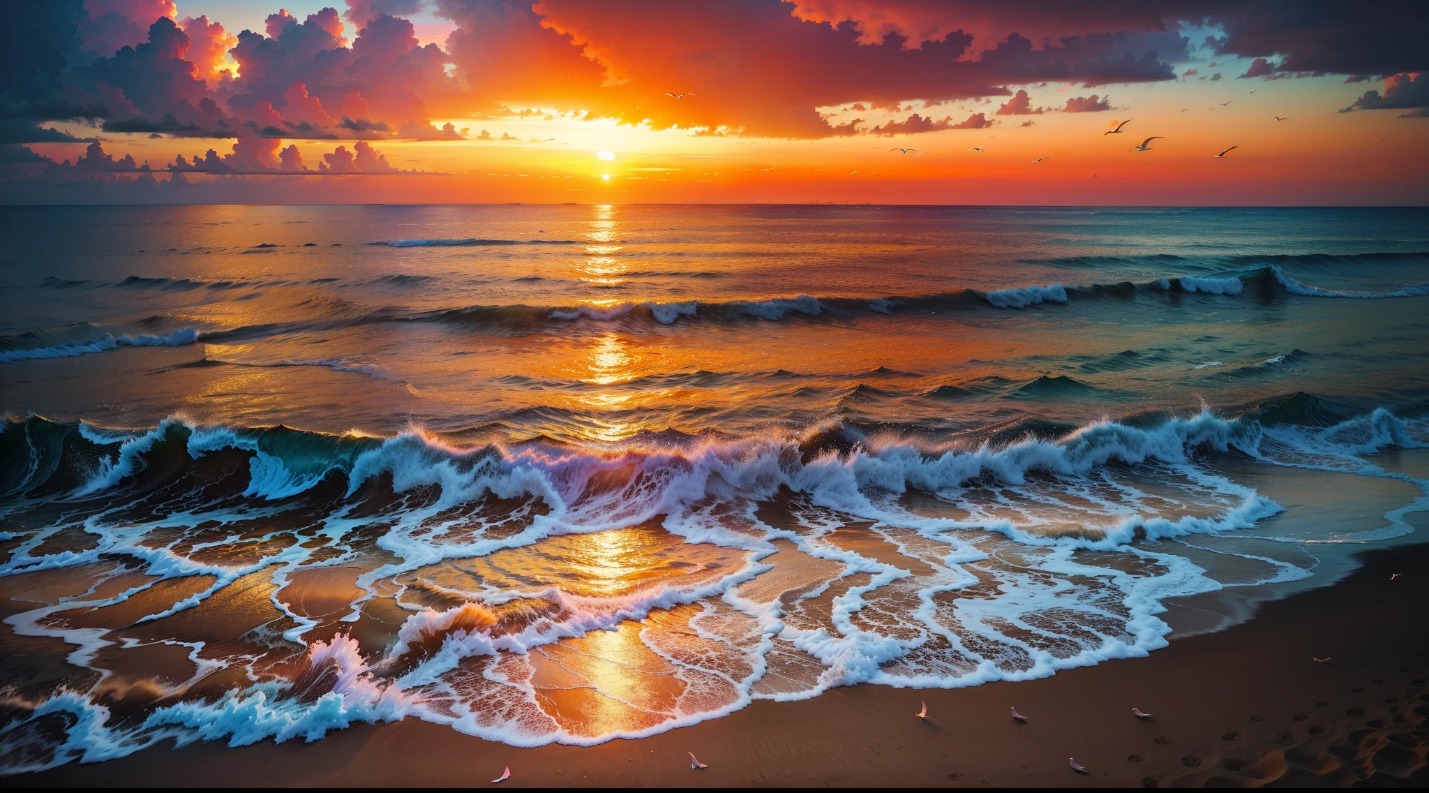 An absolutely mesmerizing sunset on the beach, with a mix of orange, pink, and yellow in the sky. The water is crystal clear, gently kisses the coast, and the white sand is endless. The scene is dynamic and breathtaking, with seagulls soaring high in the sky and palm trees swaying softly. Immerse yourself in the calm atmosphere and let the serenity surround you.