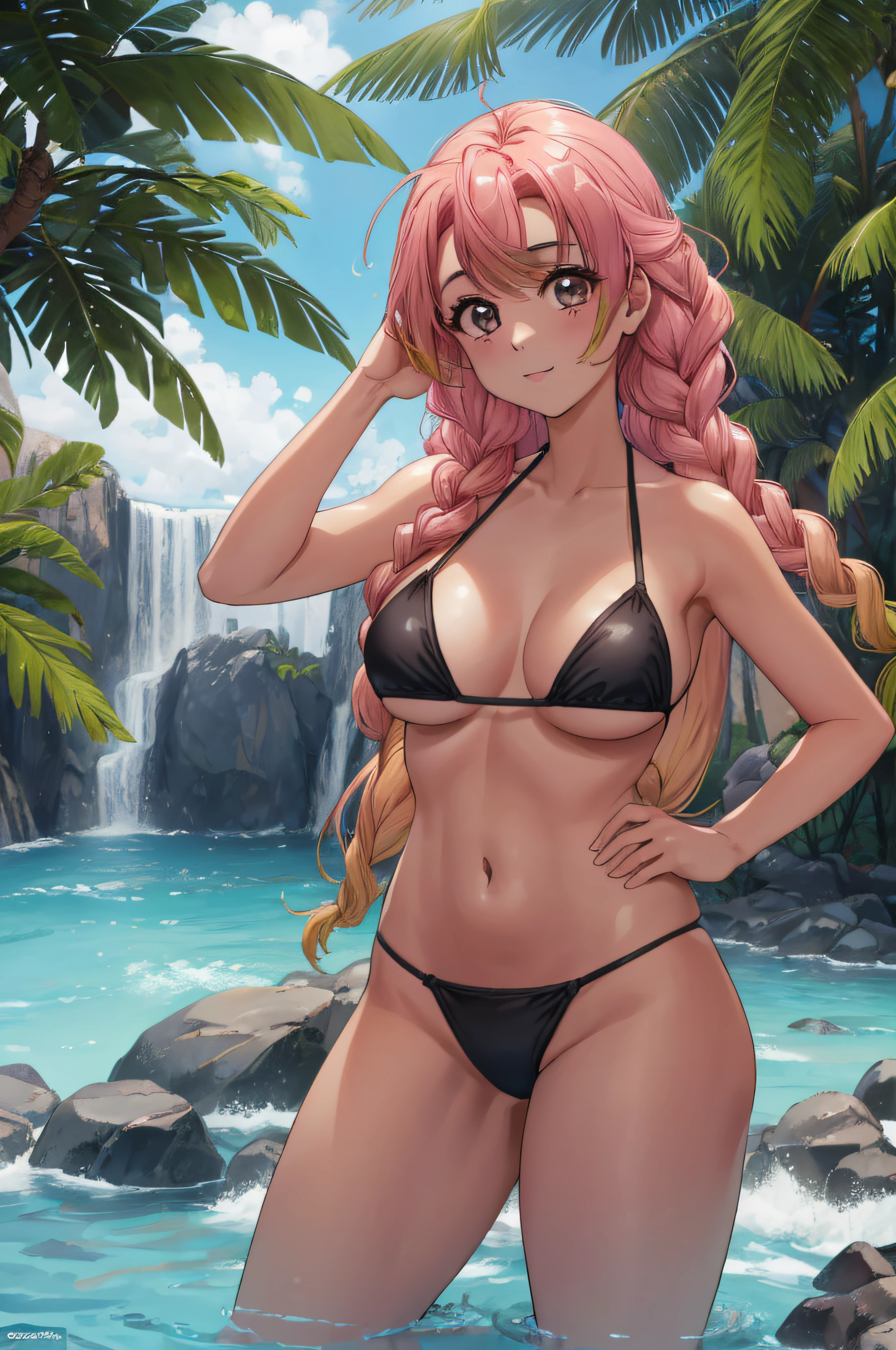 majo, (melhor qualidade, obra-prima, super detalhado: 1.5), perfect lighting, ((inclinando-se para frente)), brilhante, Alugar, Natureza, mitsuri, micro bikini, calcinha rosa