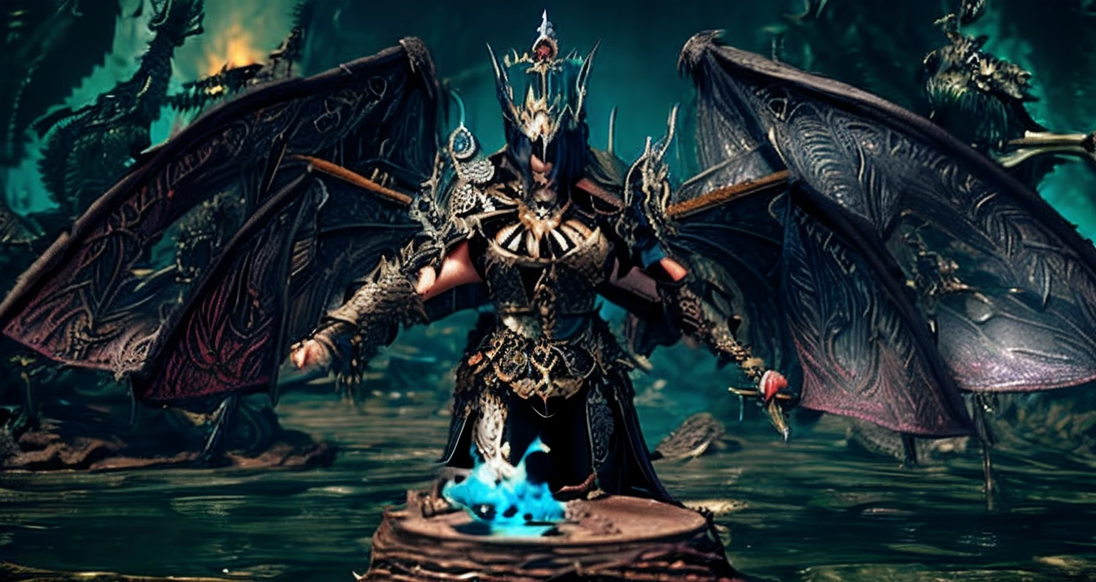 Female statue of Araffed with winged creatures with swords and crowns, warhammer 40k emperor of mankind, archaon the everchosen, Morgoth, King of the Plague, Nagas editorial, highly detailed barlowe 8 k, lich king, Warhammer length and height customization, lich king, warhammer model, The king of change, Moloch sculpture wearing swimsuit background on beach