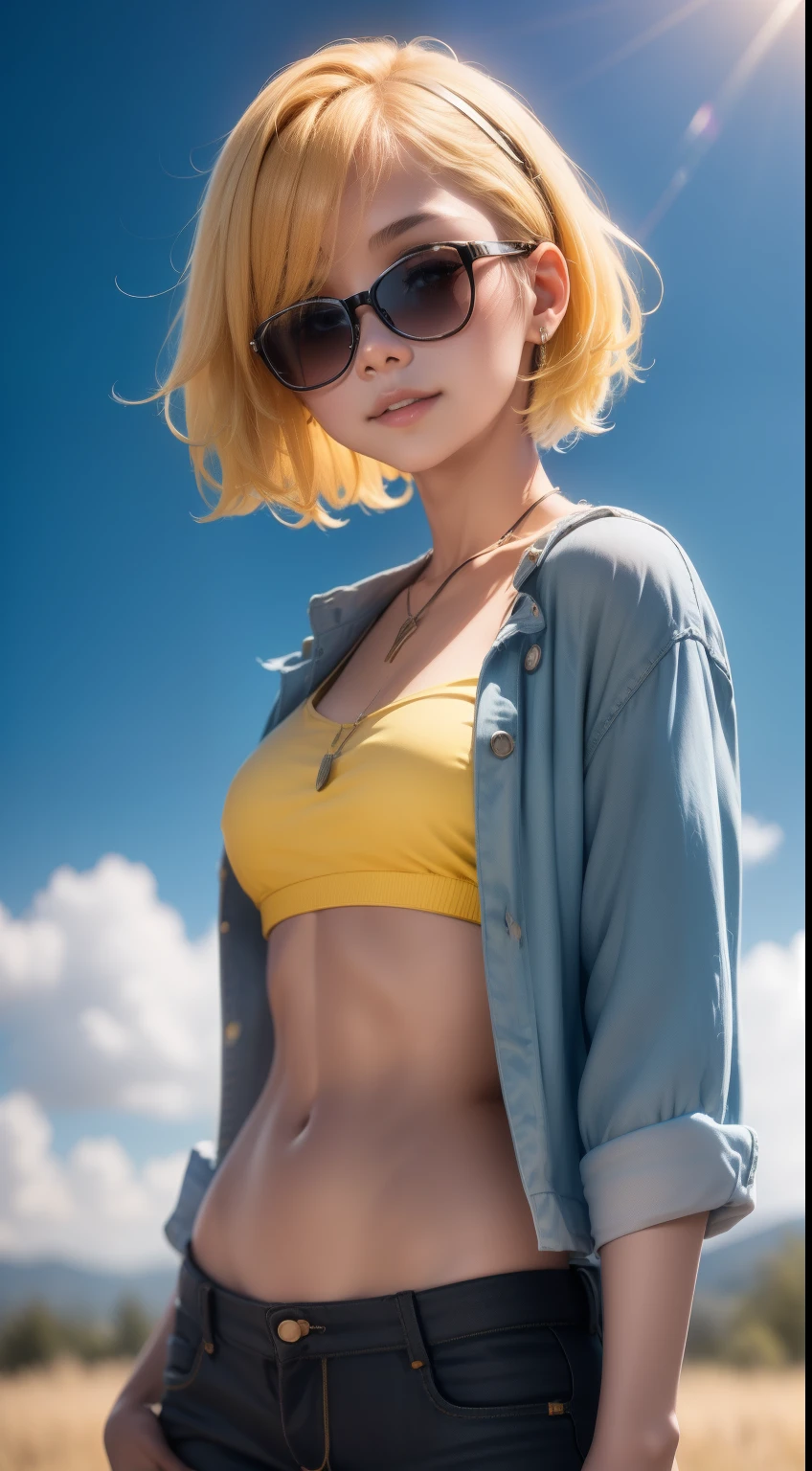 (((hyper HD))), (((Masterpiece))), (((8K))), (((A high resolution))), (((surrealism))), (((Cinematic lighting))), god light, zoom layer, (((Cowboy shot))), f/4.0, kanon, 15 year old girl, Beautiful sky, Barefoot, Nudity, Bare chest, （Wearing sunglasses）,No top , denim short, Shiny skin,Detailed skin,Detailed face, Detailed eyes, straight black short hair, yellow hair ribbon, Sunshine, Blue skies, Lush meadows, Gentle breeze, vibrant foliage, Flowing streams, Birds, Children's laughter, Colorful flowers, Fragrant air