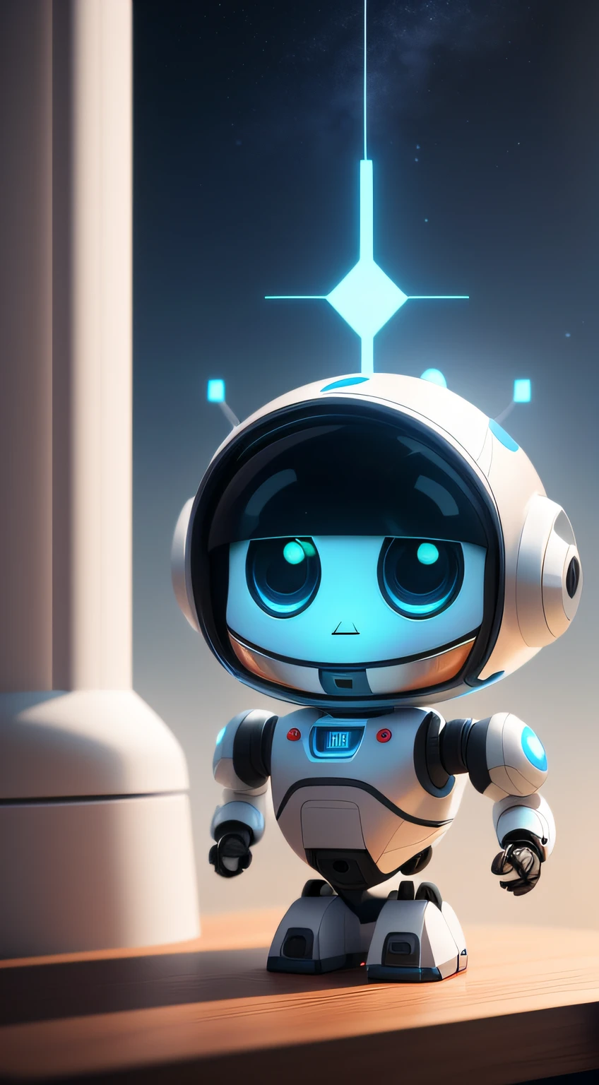 There was a robot standing on a table, cute 3 d render, Cute humanoid robot, Cute robot, adorable friendly robot, Very cute robot Zen, Beautiful robot character design, lovely digital painting, stylized as a 3d render, 3 d render stylized, stylized 3d render, portrait of an ai astronaut, little astronaut looking up