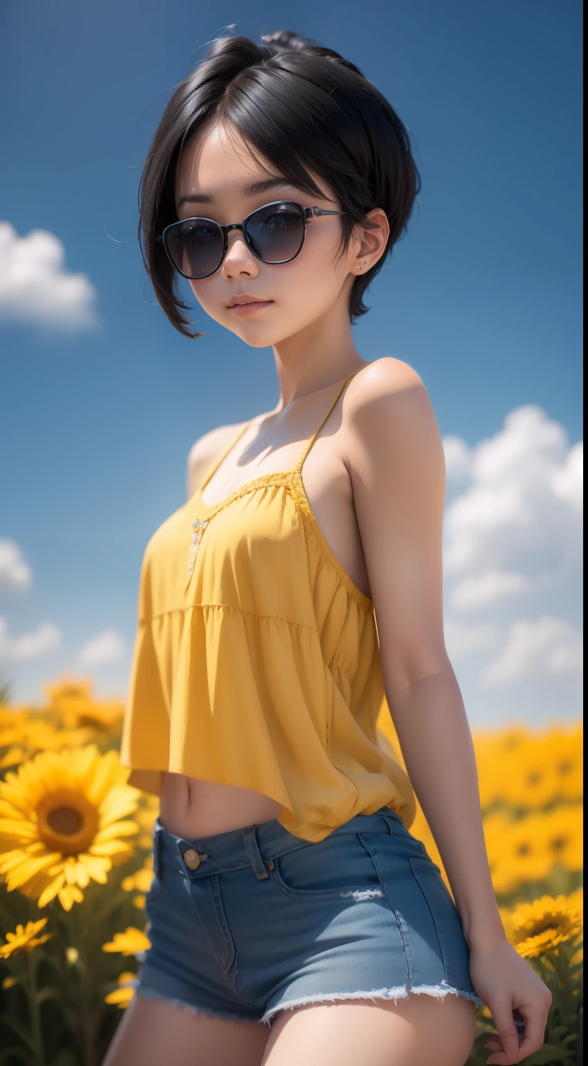 (((hyper HD))), (((Masterpiece))), (((8K))), (((A high resolution))), (((surrealism))), (((Cinematic lighting))), god light, zoom layer, (((Cowboy shot))), f/4.0, kanon, 15 year old girl, Beautiful sky, Barefoot, Nudity, Bare chest, （Wearing sunglasses）,No top , denim short, Shiny skin,Detailed skin,Detailed face, Detailed eyes, straight black short hair, yellow hair ribbon, Sunshine, Blue skies, Lush meadows, Gentle breeze, vibrant foliage, Flowing streams, Birds, Children's laughter, Colorful flowers, Fragrant air