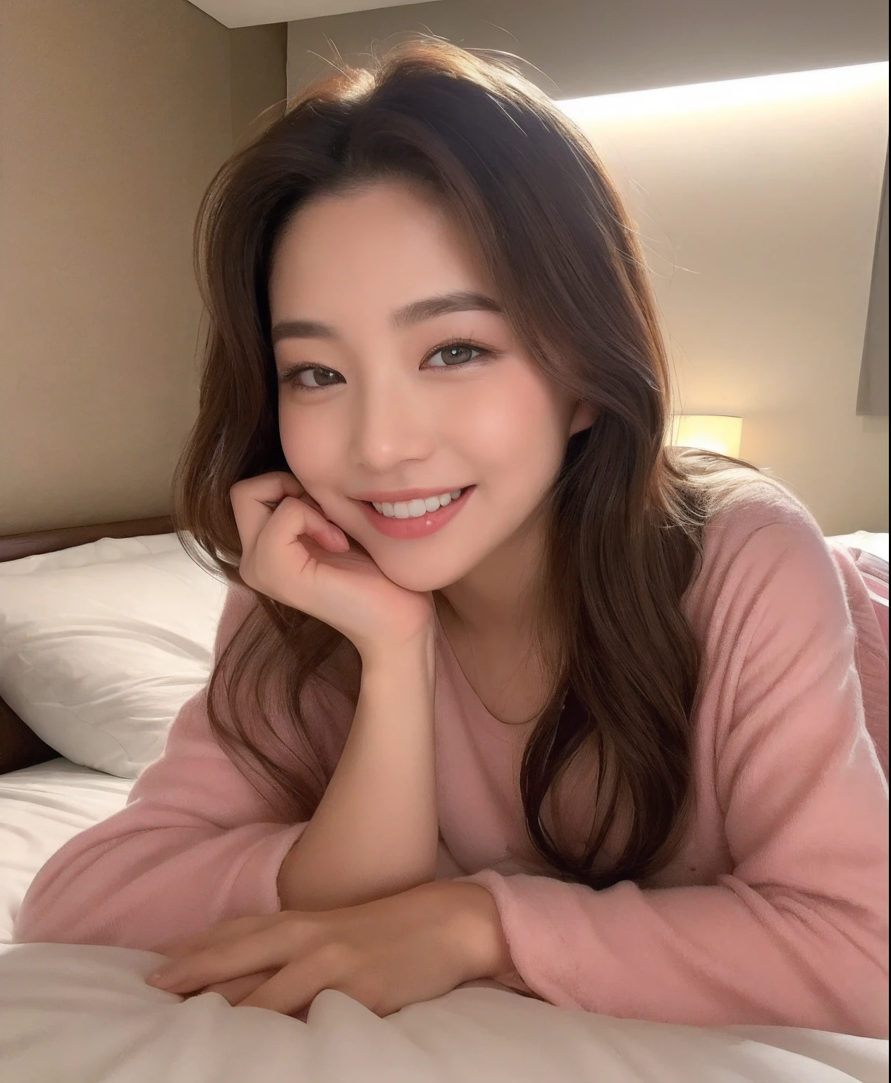 ((top-quality、in 8K、masterpiece:1.3))、1girl in、Beautiful woman with plump abs emphasized:1.3、(The long-haired、Colossal tits、Colossal tits:1.2)、Sleeping in a hotel bed、Super delicate face、wholesome、二重まぶた、A smile that showed teeth、in pajamas、Looking at the camera、Big smile、Look here、Look at me with your eyes wide open、Cozy feeling、Lying in bed、Wearing pajamas、