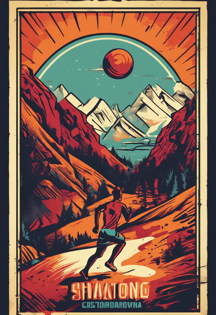 Retro style multicolored poster, cartaz estilo russo, 4k ultradefinição, maratonista trail runner de corpo inteiro, perfect hands