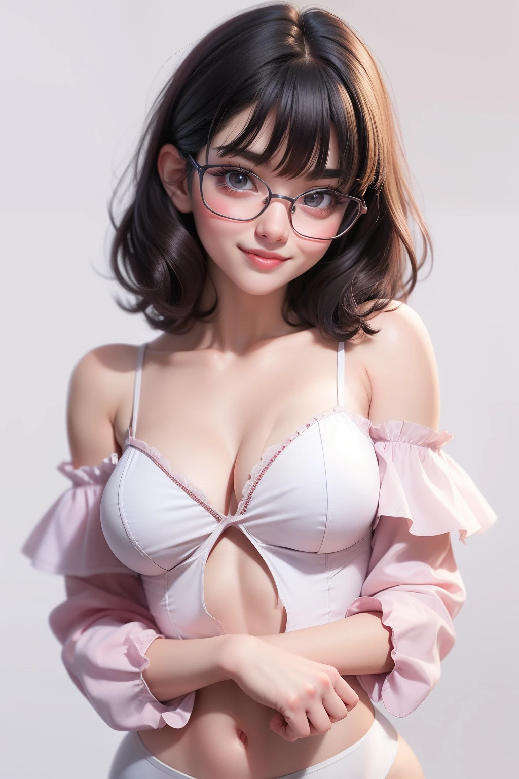 1 girl (20yo) glasses, upper body, sexy pose, naugthy face, bangs, cleavage, navel, short top, off shoulder, seductive smile, wear ballet costume, white background