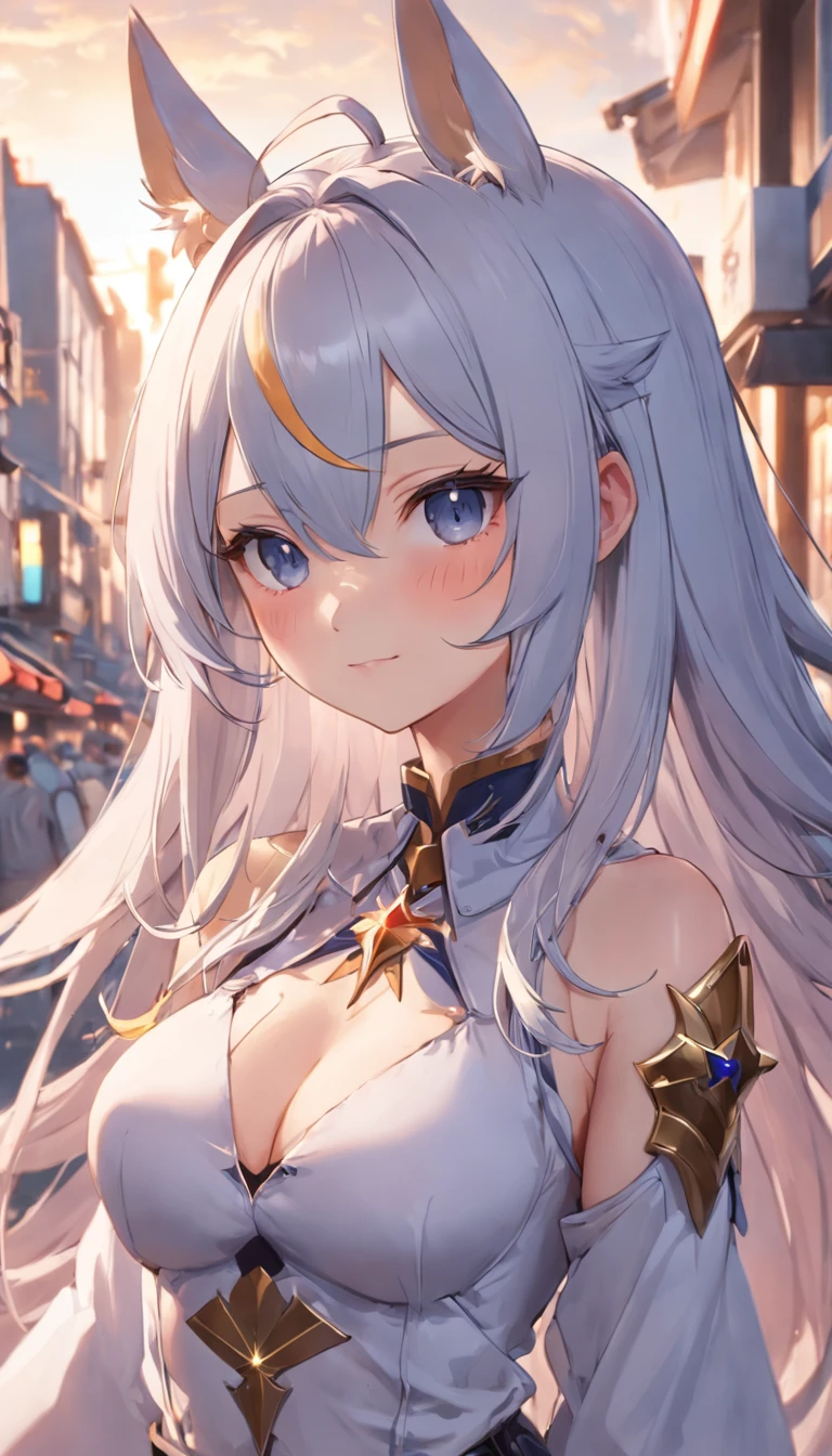 Kizi,femele,a beauty girl,(solo person),Higher quality,Best image quality,ssmile,((whaite hair)),Transparent packaging,athletic sneakers,denim short,(mid hair),(slanted bangs),(Thigh tie),are standing,(Cross your hands at the waist),stadio,夏天,eventide,genshin impact,Azur route,Radio Woman,Maniac,Secondary disease,pixiv,Exquisite and detailed facial features,(Delicate hair portrayal),Gorgeous Light and Shadows,Ultimate HD facial depiction,4k画质,A masterpiece,Delicate hand description,Clear five fingers,color,(coloured with lots of colour),Detailed picture,Delicate portrayal of facial features,Delicate hair portrayal,{Delicate eye portrayal}, Detailed eyes and face,Delicate hand portrayal,(Gorgeous Light and Shadows),beast ear,(There are horse ears on the head),Golden eyes,Golden pupils,Golden pupils,((Horse Ears)),(Left earrings),Horse Racing Girl,(There is a horse's tail on the back),Extremely delicate details,Fine finger detailing,A4 waist,Cocked buttocks,Childlike big breasts,Beautiful girl with white hair,Horse Racing Girl_Rudolf symbol,FGO_Nero