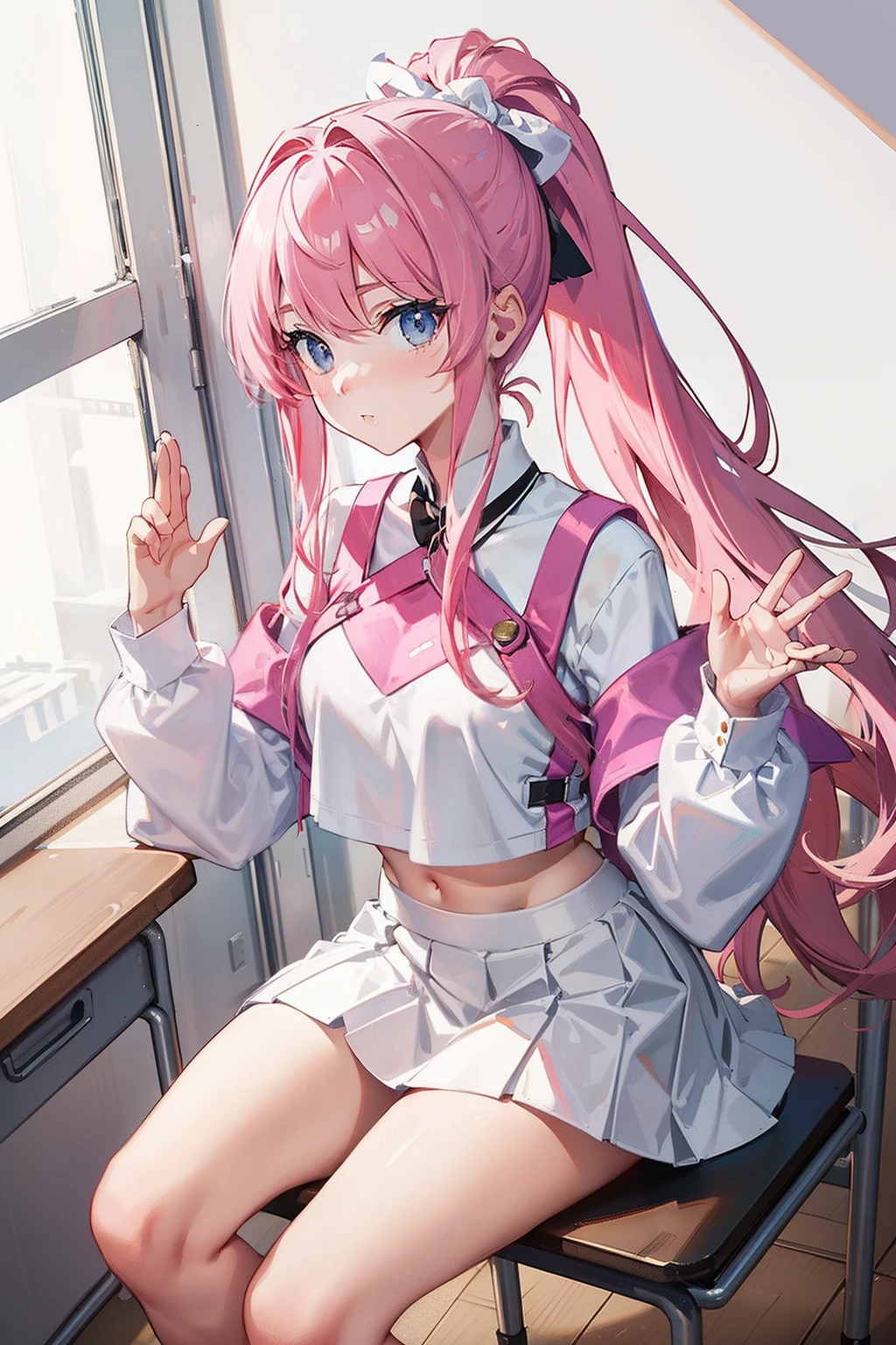 tmasterpiece,best qualtiy,a pregirl,Royal sister,Big sister,gentleness,Pink Long Hair,Single ponytail,White crop top top,C cup,black micro skirt,White stockings,In the classroom,Open your hands for a hug