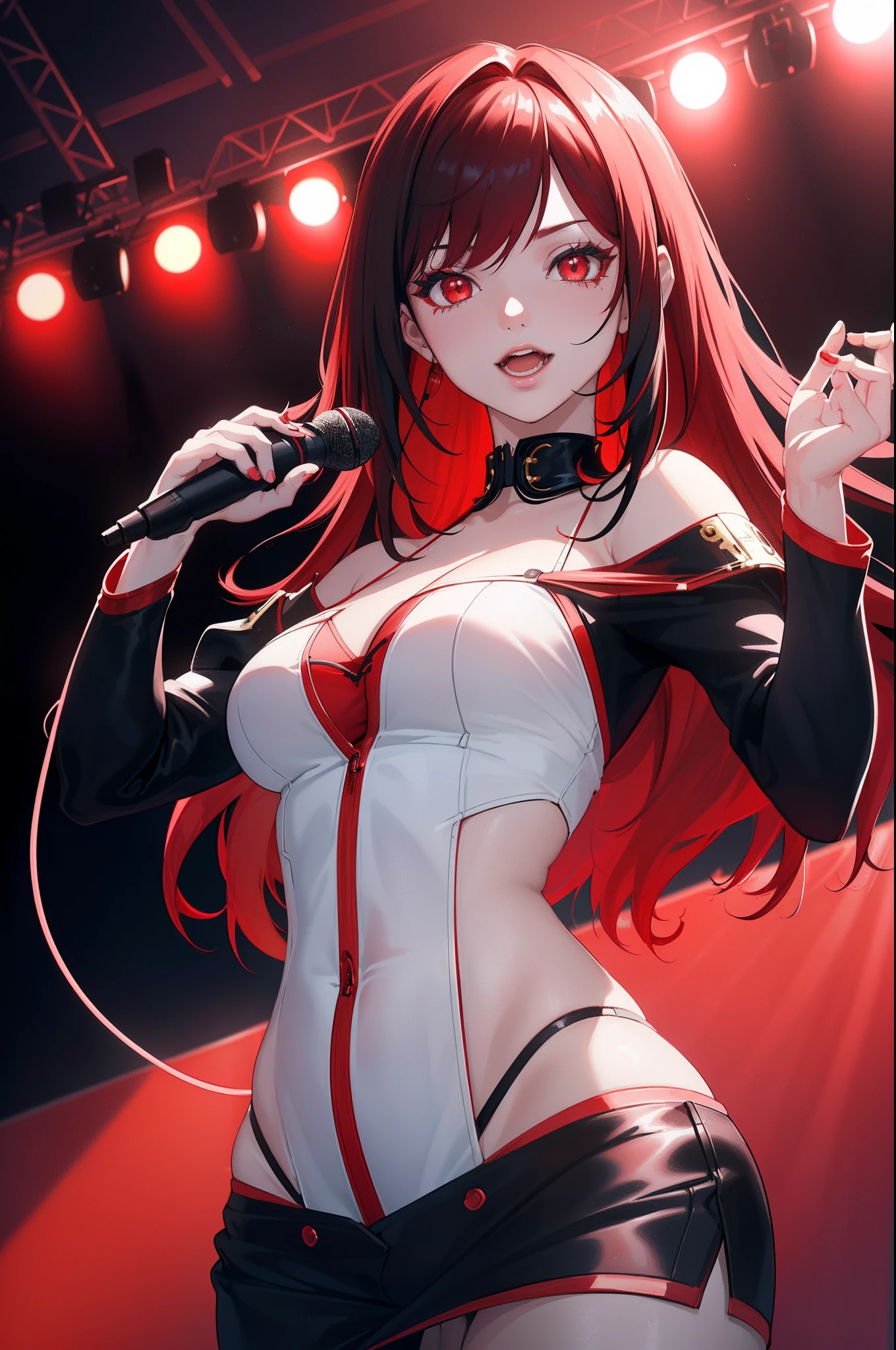 1girl, Beautiful girl, Body length 150 cm, 20 years old, ((Black hair, Double tailed hairstyle, (Red hair dye, PeekABoo Underlights Style Hair Dye)) , ((red eyes)), realistic eyes, beautiful and sharp eyes), ((Idol clothing)), medium  breasts, ((She holds a microphone and sings happily on stage in front of the crowd)), Happy face, Smileing, (8k wallpaper), ((Colored red lights, Concert on the background of the theater)) 8k, Quilty Altitude, Realistic, Beautiful realism, outstanding detail, RAW photo, Realistic clothes, Black hair, realistic hair, ((red eyes)), realistic eyes, Light and cool lighting, realistic photo, Cel shaded, Gel lighting, ultra-detail, ((Idol Girl))