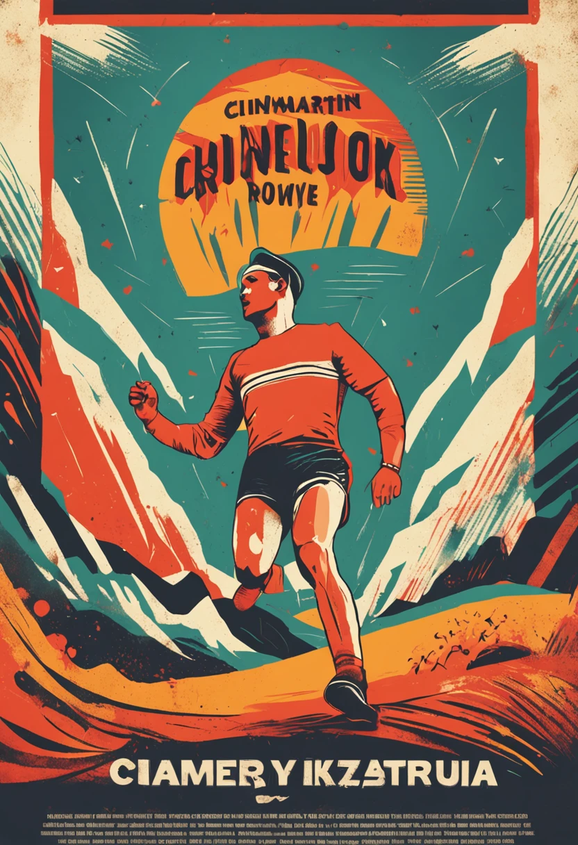 Retro style multicolored poster, cartaz estilo russo, 4k ultradefinição, maratonista trail runner de corpo inteiro, perfect hands