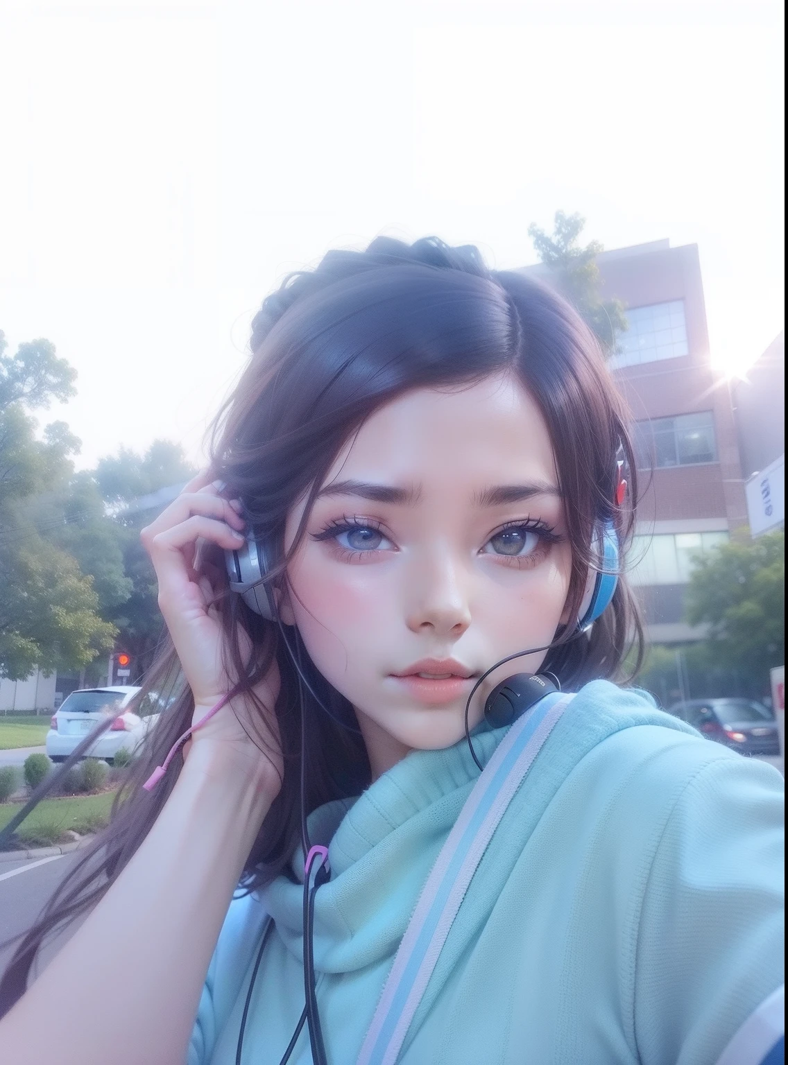 Cute anime girl selfie, earphone wearing anime girl