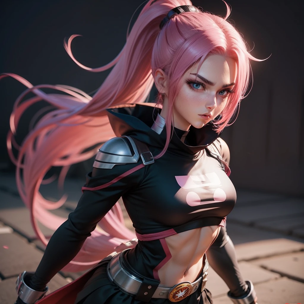 (highres, high quality:1.2), intricate details, cinematic lighting, sharp focus, depth of field, Ingrid, 1girl, mature female, (dark-skinned female:1.1), dark skin, ((close-up face)), (looking at viewer, cityscape, night, city light, determined, pink red hair, very long hair, hair intakes, makeup, lipstick, (mole under mouth:0.8), eyelashes, yellow eyes, detailed face, helloutfit, red cape, black (turtleneck:1.1), (underboob:1.1), black elbow gloves, (coattails:1.1), revealing clothes, center openinulticolored clothes:1.1) midriff, natural large breasts,