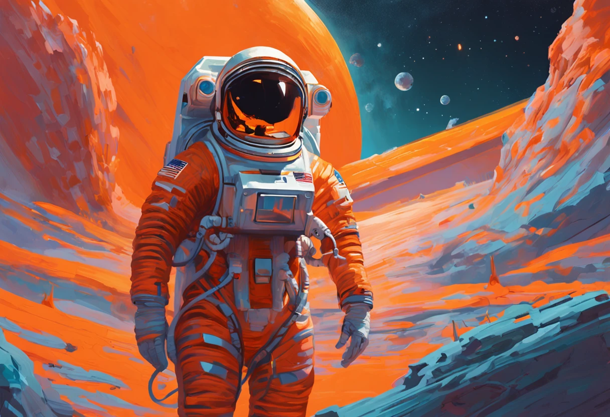 Orange astronauts in spacesuits float in orange and blue water, jen bartel, stunning digital illustration, Science-fi digital art illustration, Stunning artwork in 8K, astronaut lost in liminal space, Beautiful digital artwork, style hybrid mix of beeple, lonely astronaut, beeple colors, detailed astronaut, epic digital art illustration, Astronaut, Futuristic astronauts,Orange Starry Sky Orange Astronauts in spacesuits float in orange and blue water, jen bartel, stunning digital illustration, Science-fi digital art illustration, Stunning artwork in 8K, astronaut lost in liminal space, Beautiful digital artwork, style hybrid mix of beeple, lonely astronaut, beeple colors, detailed astronaut, epic digital art illustration, Astronaut, Futuristic astronauts,Orange starry sky,Cyberpunk architecture