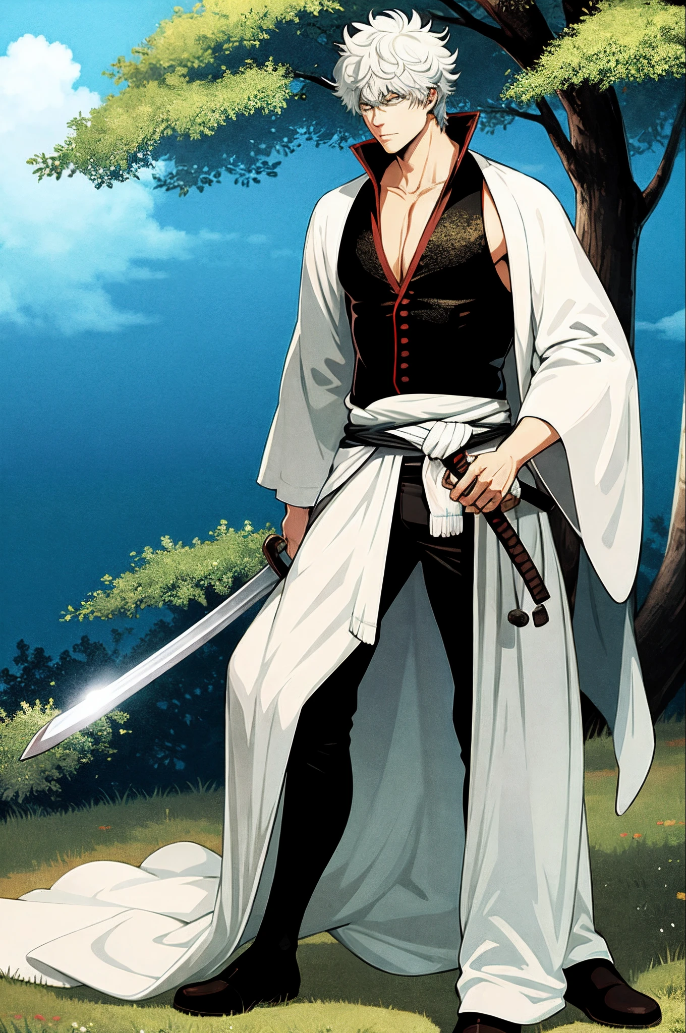 masterpiece, best quality, detailed, 1boy, male focus, tree, forest, holding sword, serious, sakata gintoki,vest, germanic vest, (black pants:0.6),standing