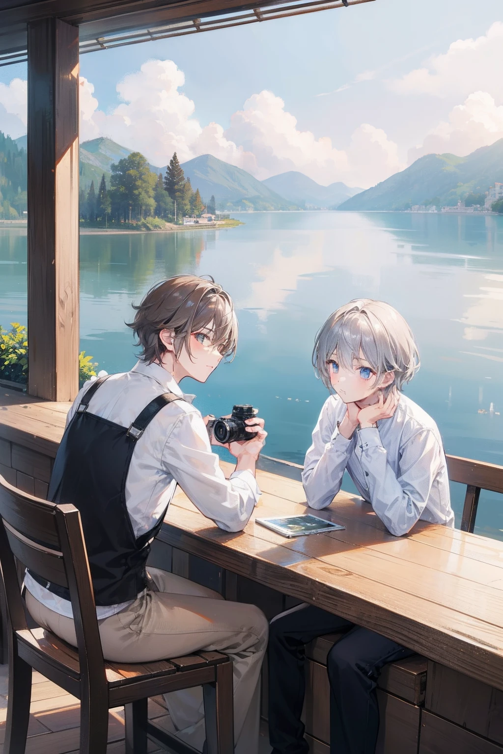 Two Boys, Silver-haired boy and brown-haired boy, Cafe with a view of the lake、Have a camera、Boys Love、Talking、hight resolution、ultra-detailliert