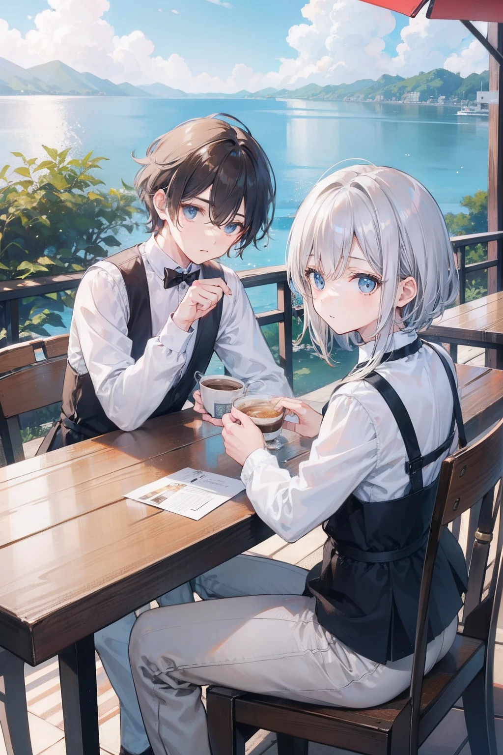 Two Boys, Silver-haired boy and brown-haired boy, Cafe with a view of the lake、Have a camera、Boys Love、Talking、hight resolution、ultra-detailliert
