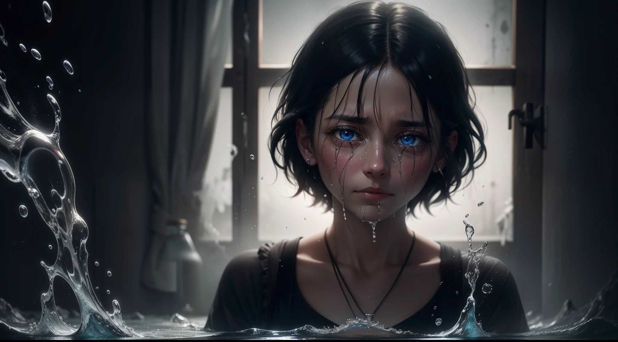 A person with crying eyes pouring out depressive-looking water in a dark back room with a cell phone in his hand, Ultra HD realista, 4K