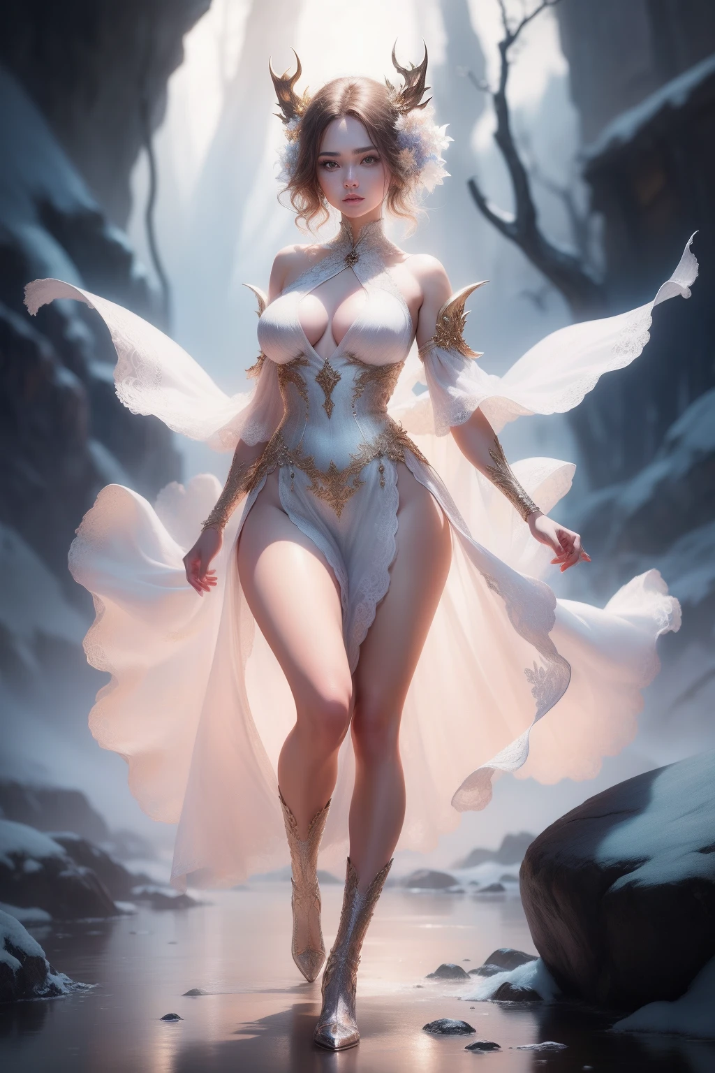 Beautiful girl, full bodyesbian, Attractive body, Slim beautiful body, Attractive beautiful face, Big chest, Beautiful flowing dress, Realistic eyes, The eyes of a doe, standing on top of a mountain, Arms outstretched, full body shot of, Ultra HD, hdr, Dramatic lighting, voluminetric lighting, intricately details, Masterpiece, 8K
