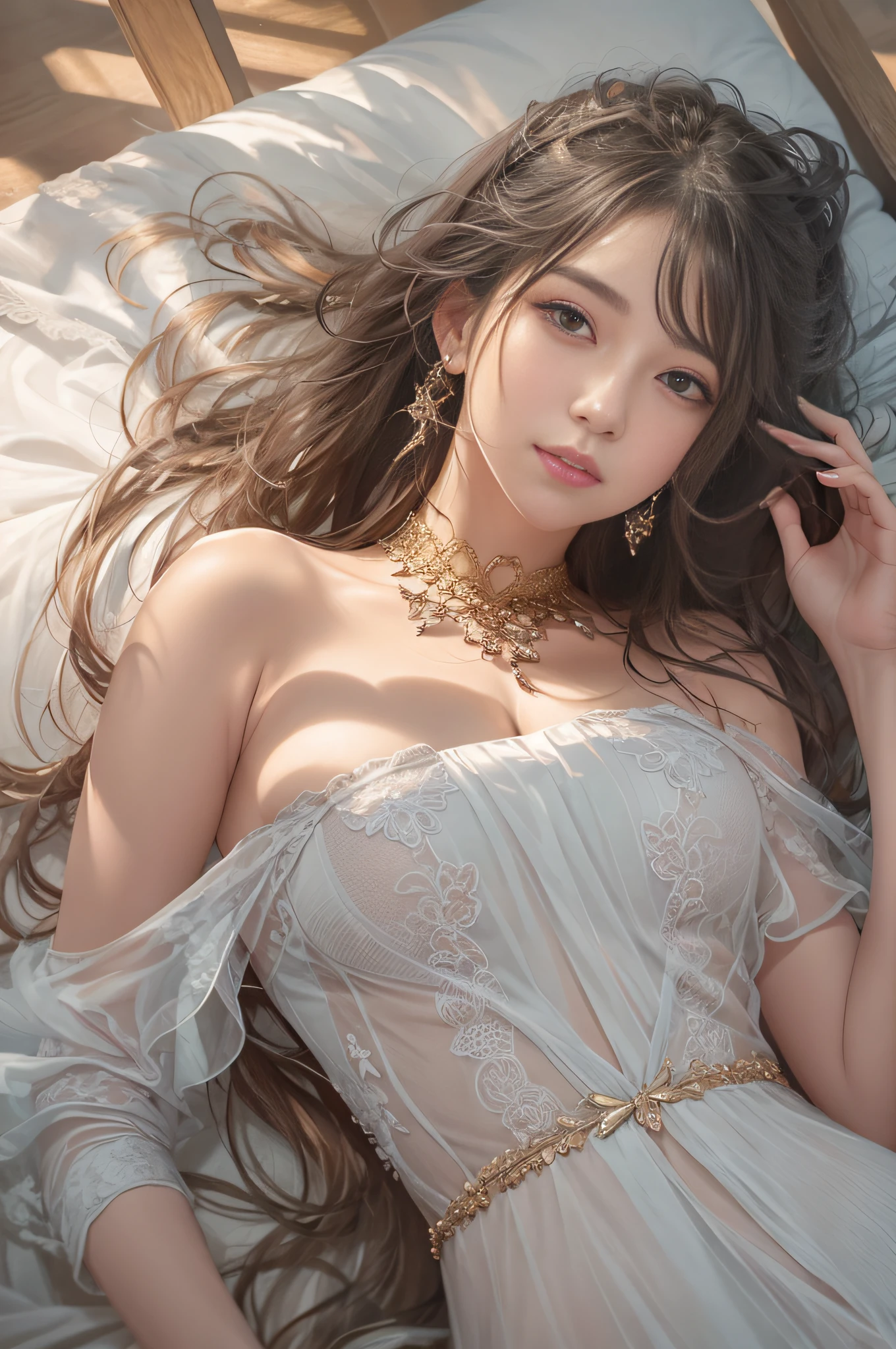 araffe woman laying on a bed with a white dress and gold jewelry, artwork in the style of guweiz, ig model | artgerm, guweiz, the style of wlop, ethereal beauty, wlop and sakimichan, intricate wlop, wlop |, ! dream artgerm, trending on cgstation