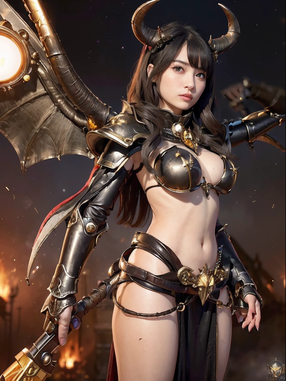 Professional , masterpiece、top-quality、photos realistic , depth of fields 、(A dark-haired) 、(Gemstone White Metal Body:1.4),(Matte Black、Jewel Gold Weapon、(maikurobikini),Gorgeous metal weapons ,Particles of light、(Fight dragons)、(Black wings)、(( Detailed and gorgeous sword of the brave)) ,Light Effects、intense fighting、Wind-effect、magic circles、 (A dark-haired) ,Fight legions of soldiers in skeleton armor ,Detail and ornate jewel crown、With the legendary magic wand、Dragon's tail、explosions、((maikurobikini))、((Gangle's forest background))、Beautiful Caucasian beauty、1a person、dynamic ungle,(((Details of the two demon horns on the head)))、Smaller head、A smile、Background inside the castle、Thin and beautiful female hands、cleavage of the breast、Soldier in iron armor on background、Mystical expression、Light Effects、Wind-effect、With the legendary magic wand、(wingspan)、Toostock、Anatomically correct body、Battle Pose、