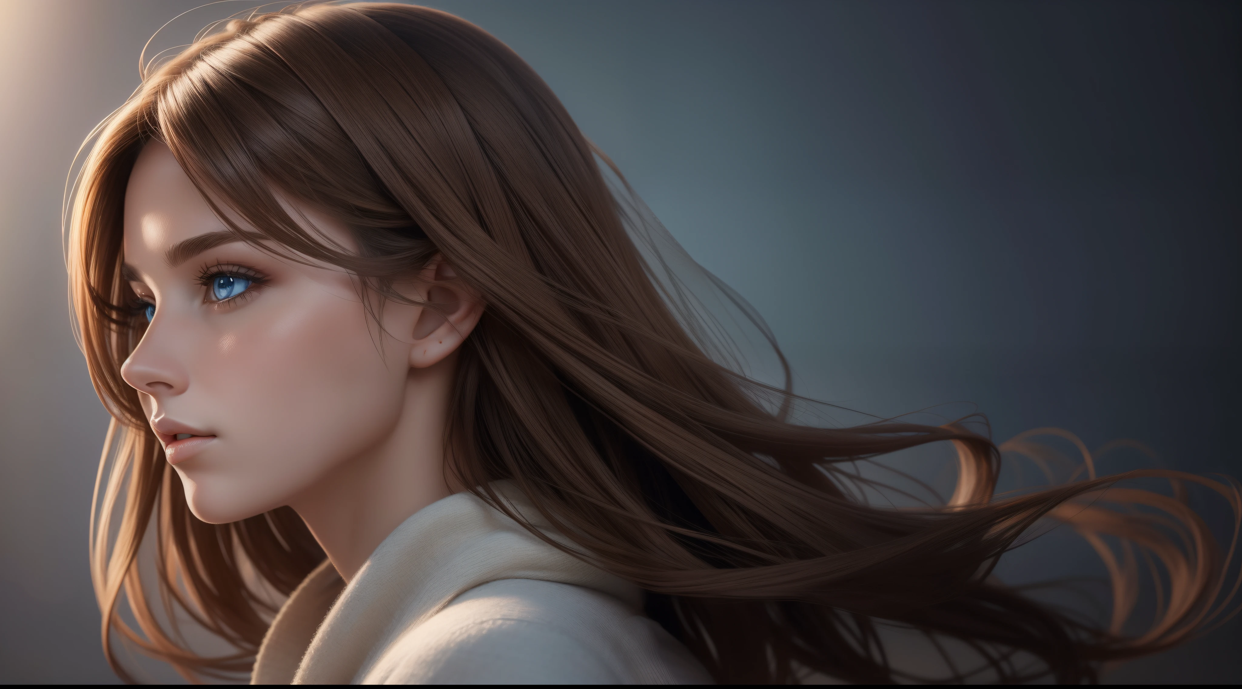 Attractive profile picture, masterpiece, extremely accurate rendering, beautiful face of brown-haired woman wearing realistic, good body, cool, solo, closed mouth, trustworthy, savior of the world world, simple design, best images, 8K, light blue eyes.
