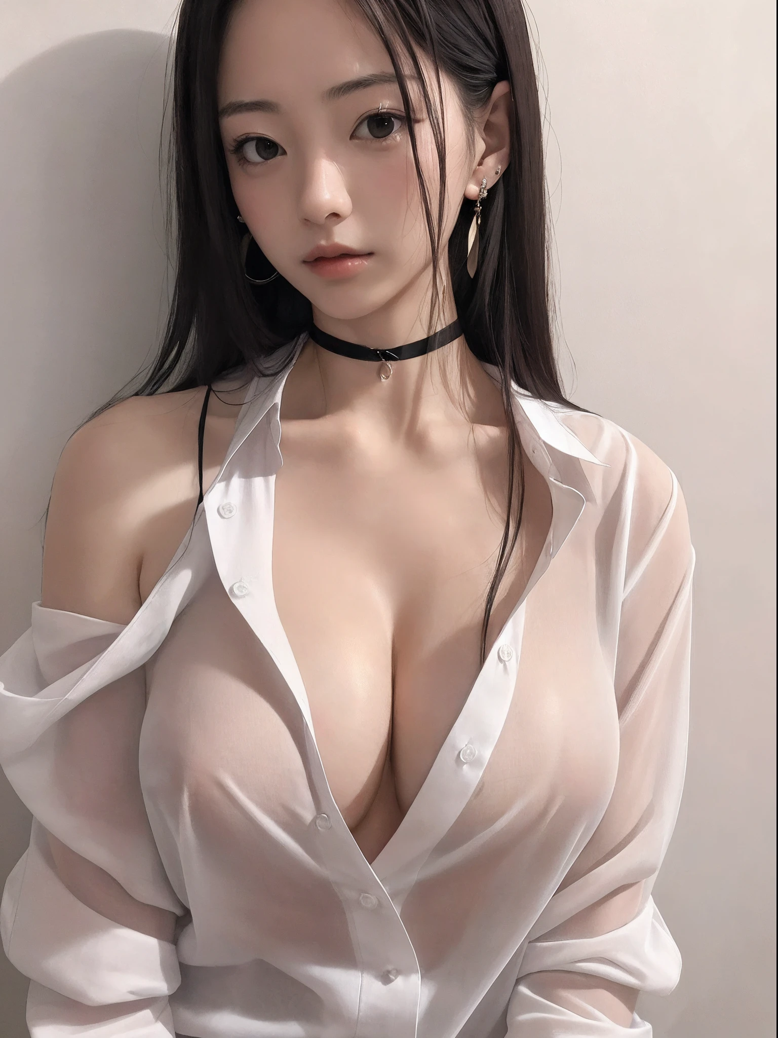 (masutepiece:1.2), Realistic, photo of 18 y.Girl in loose shirt(Unbuttoned shirt、No underwear), half , Best Quality, Big breasts, Bare shoulders, cleavage, NSFW, [[Hands hidden behind the back]], earrings, Complete shirt|Sheer, Black Choker, Solo,