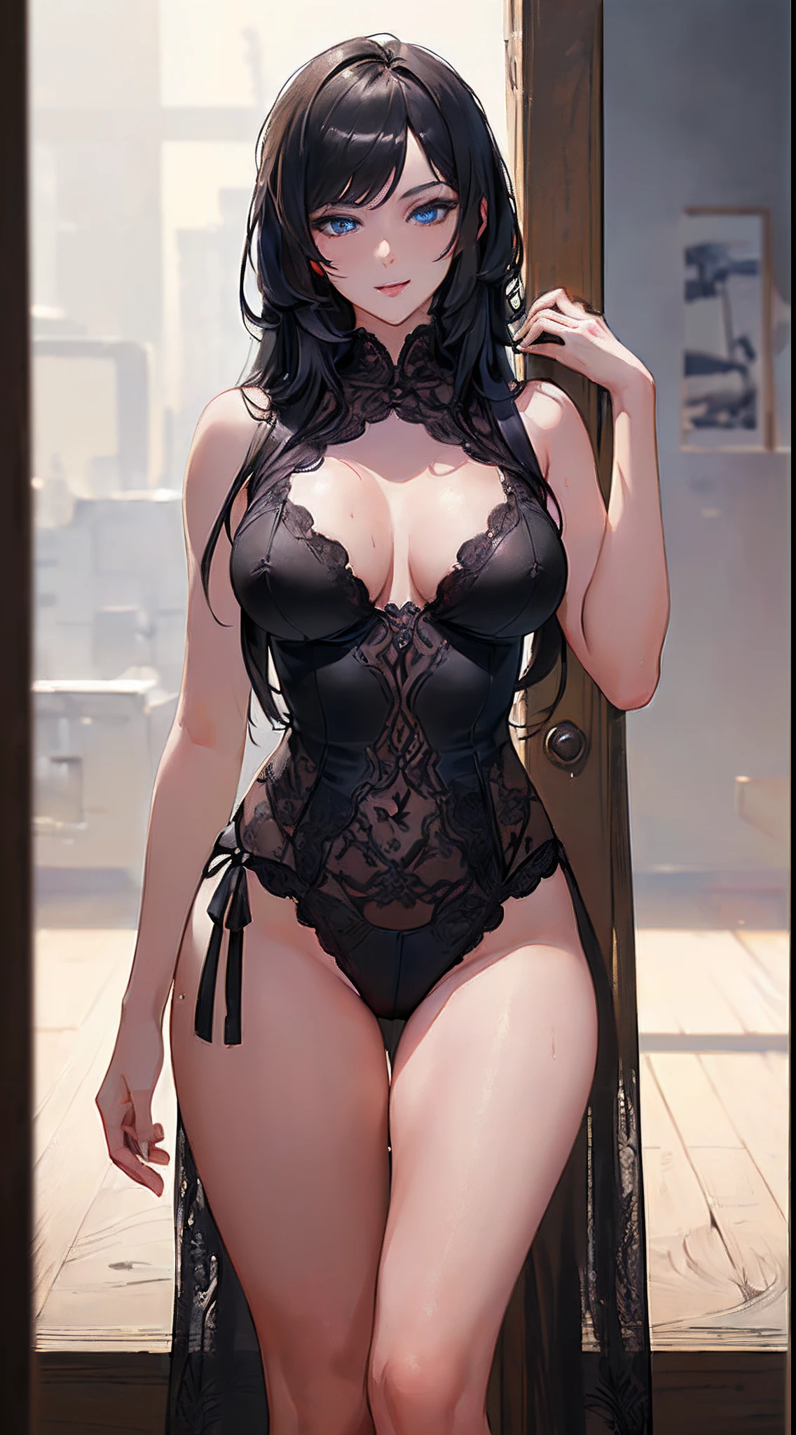 (((Clean, (Masterpiece:1.4), Best quality, highly detailed, Professional artwork, HD,HDR,UHD,16K))), ung woman, (solo), (mature and sexy:1.9), perfect body, big boobs, (black long hair:1.3), straight hair, bangs, expressive eyes, (blue eyes:1.3), perfect face, seductive smile