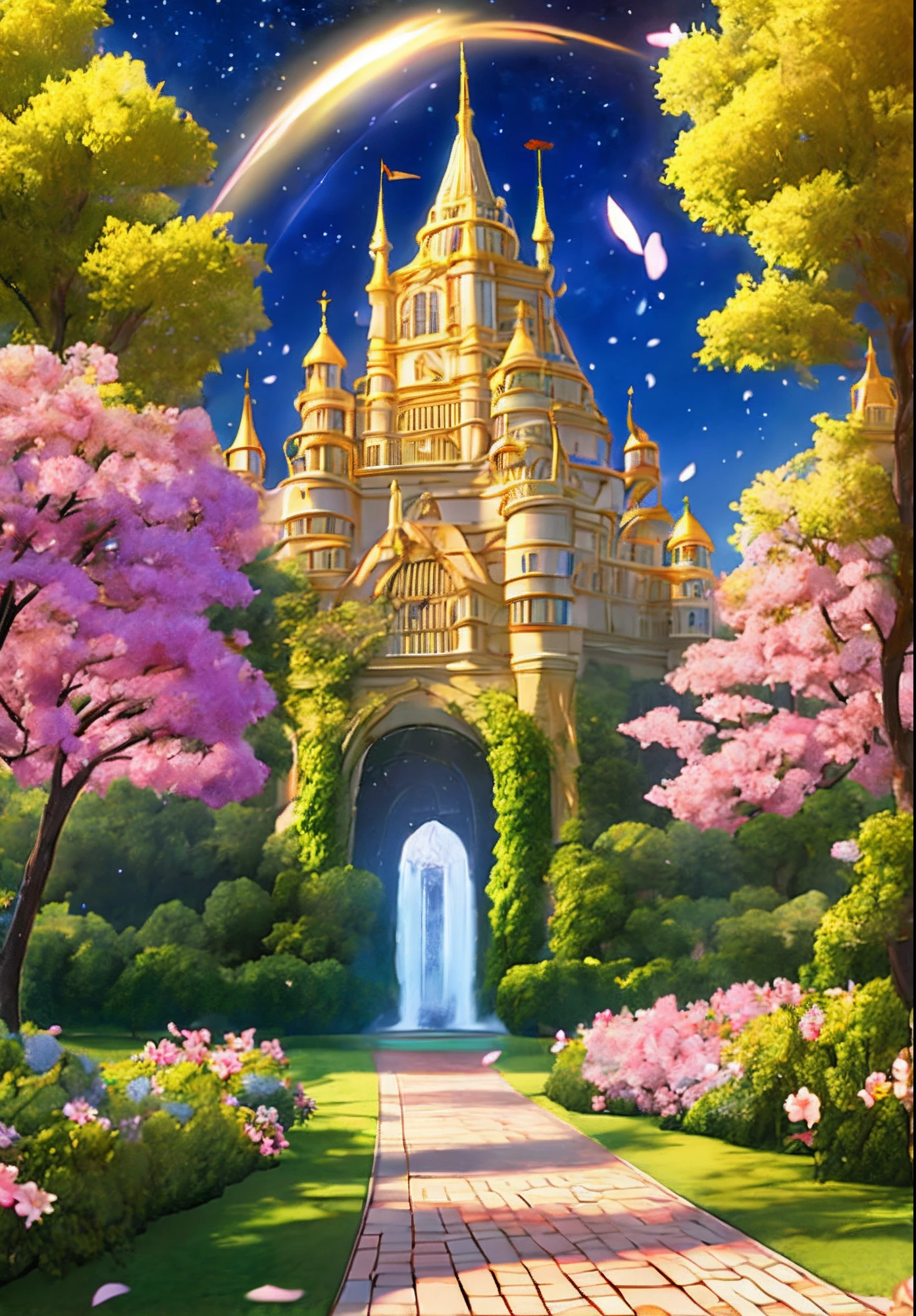 (cor simples, healing scenery, estilo de conto de fadas), lindo e sonhador, (flying petals: 1.2), (beautiful night sky: 1.2), (starry sky garden: 1.3), (maze theme amusement park: 1.2), (61 planejamento especial: 1.2) textura realista, imagem colorida, alta qualidade, lindo jardim de um castelo imagem perfeita, com detalhes realista