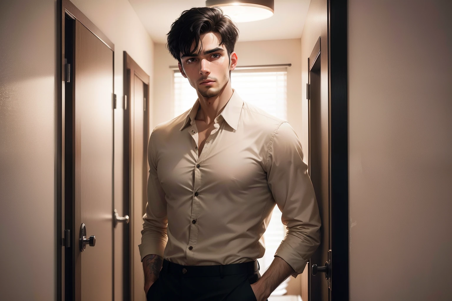 Ultra realistic 8k image of a slim 25 year old man, short black hair, dressed in a beige button-up shirt and beige pants, standing in a hotel room with dirty walls, shocked expression