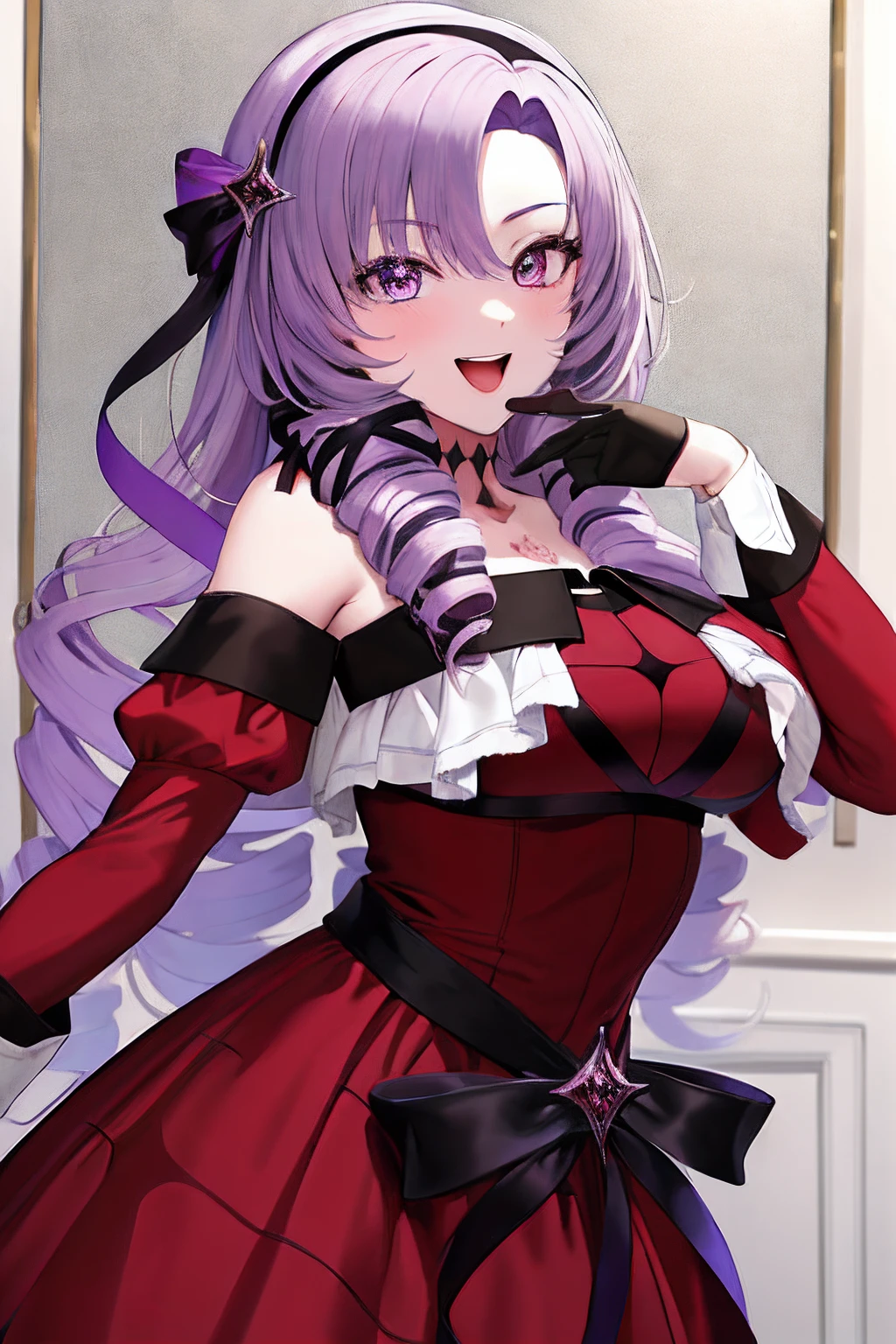 masterpiece, best quality, highres, hmsalome, drill hair, parted bangs, black hairband, ribbon, purple eyes, large breasts, tattoo, red dress, long sleeves, bare shoulders, black gloves, cowboy shot, ojou-sama pose, smile, open mouth, hand on own face,