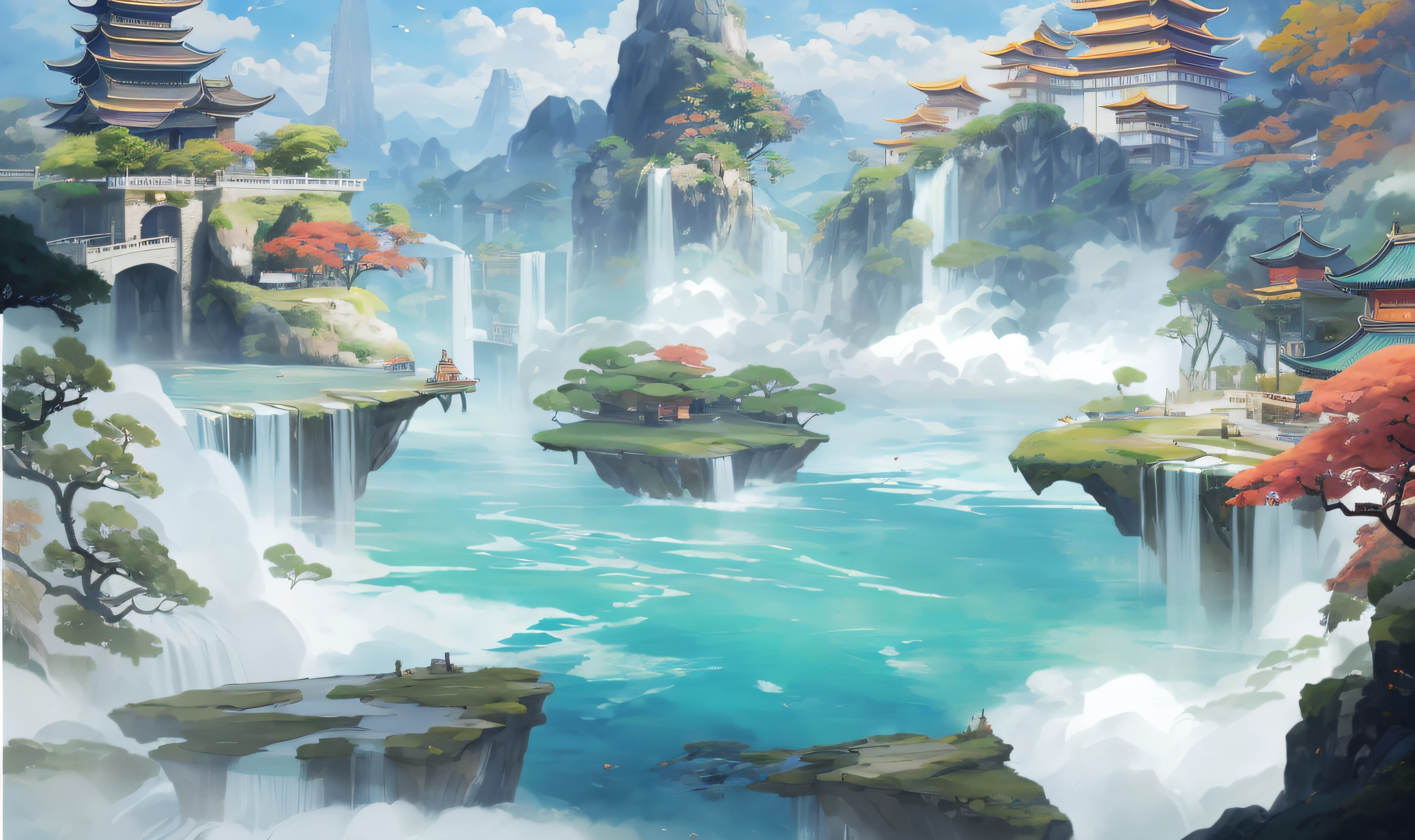 There is a painting of a waterfall，There is a bridge and a pagoda on it, ross tran. scenery background, G Liulian art style, Concept art wallpaper 4K, anime landscape wallpapers, Anime landscape, Anime landscape concept art, Onmyoji detailed art, By Li Song, Detailed scenery —width 672, Rosla global lighting, amazing wallpapers