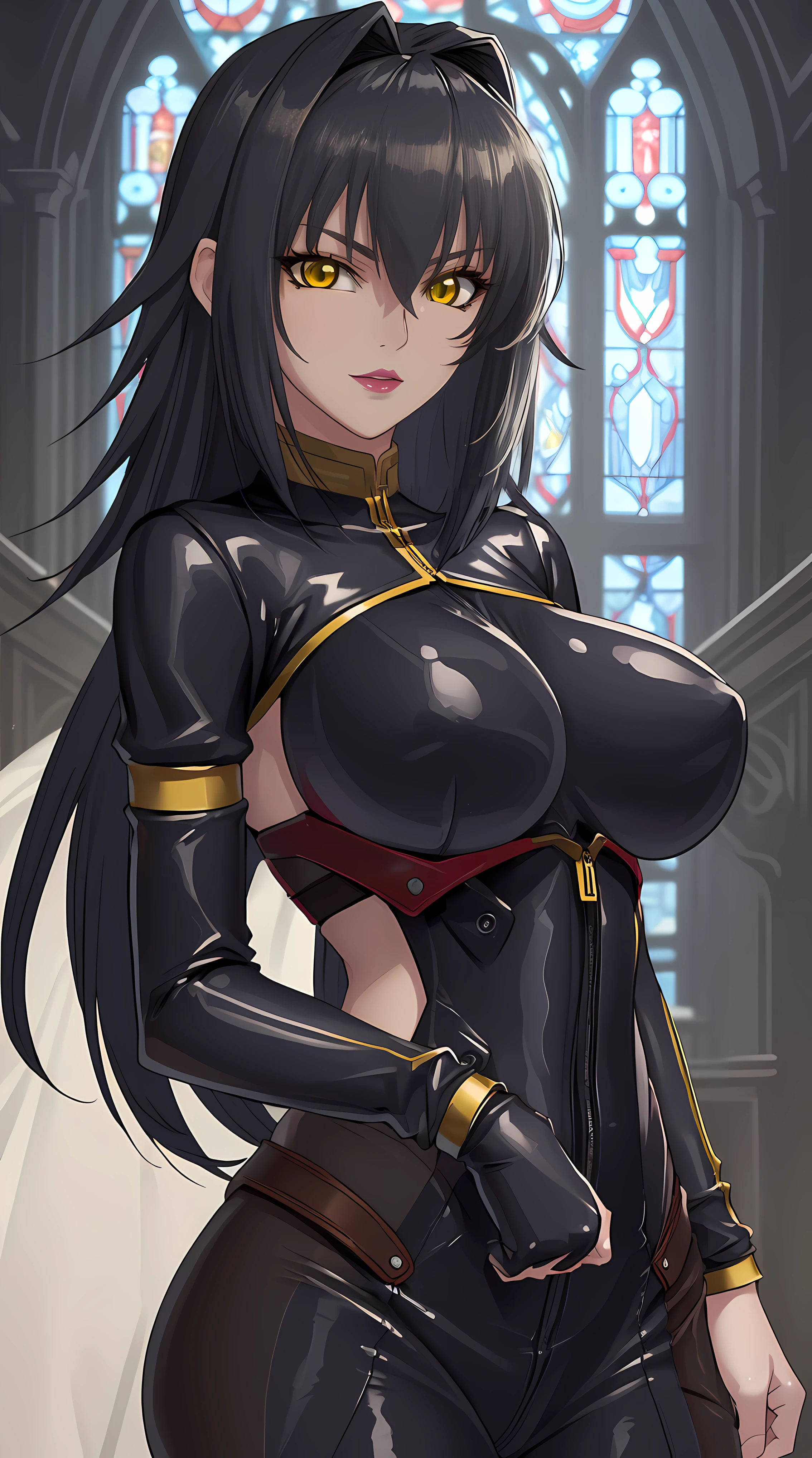 Annerose, 1girl, female mature, black hair, long hair, yellow eyes, large breasts, skin tight, hair intakes, (exquisite character details, beautiful lips, beautiful yellow eyes, beautiful face, beautiful and properly clothed), extremely detail unity 8k wallpaper, (solo:1.5), extremely detail church as background, (bodysuit, fully suited, closed clothes)