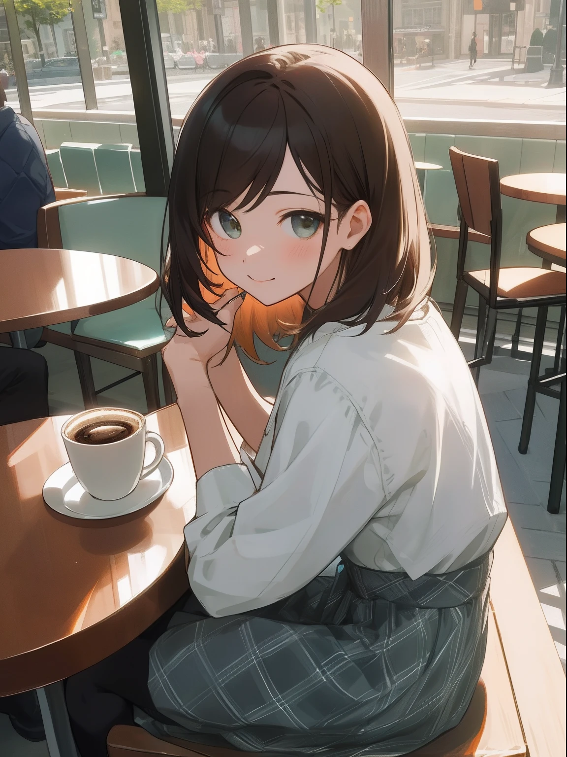 highest quality, High resolution, 8k images,best quality,High resolution、A woman who is cute no matter who sees her、Stain cheeks red、Detailed CG background、brown hair, short bob、Absolute area、(Illustration ratio:1.1)、Cafe、drink coffee、pink winter knit、long skirt of black color、long sleeve、High resolution、sharp focus、