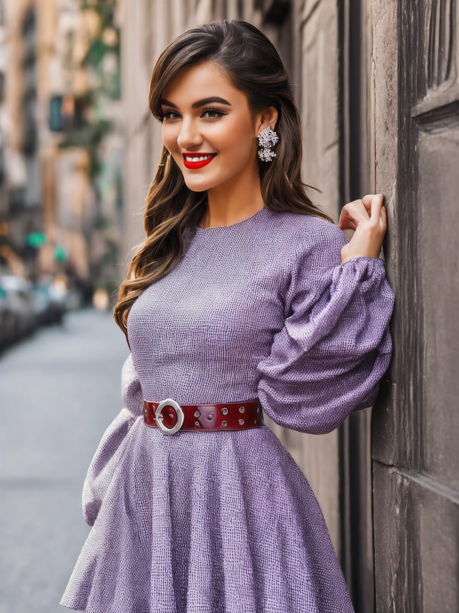 a beautiful woman wearing a purple fit and flare square neck puffed sleeve dress, a silver color belt on her waist, wearing dangling purple color earrings, red lips, long brunette hair, cherry color long nails, genuine smile, looking very beautiful, posing in a stree. --auto --s2