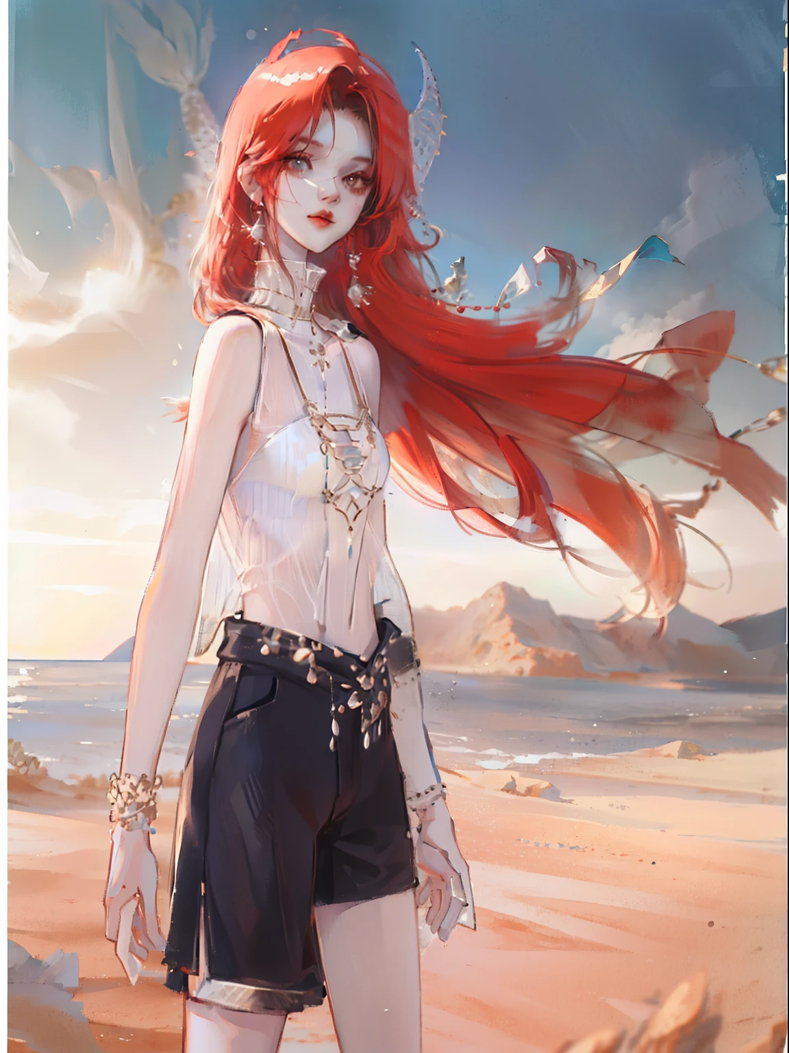 male people,sideways standing,Right hand raised,There is sand wafting out of the right hand,at the desert,redheadwear,long whitr hair,white skinned,The upper body is not dressed,The lower body is wearing a pair of black shorts