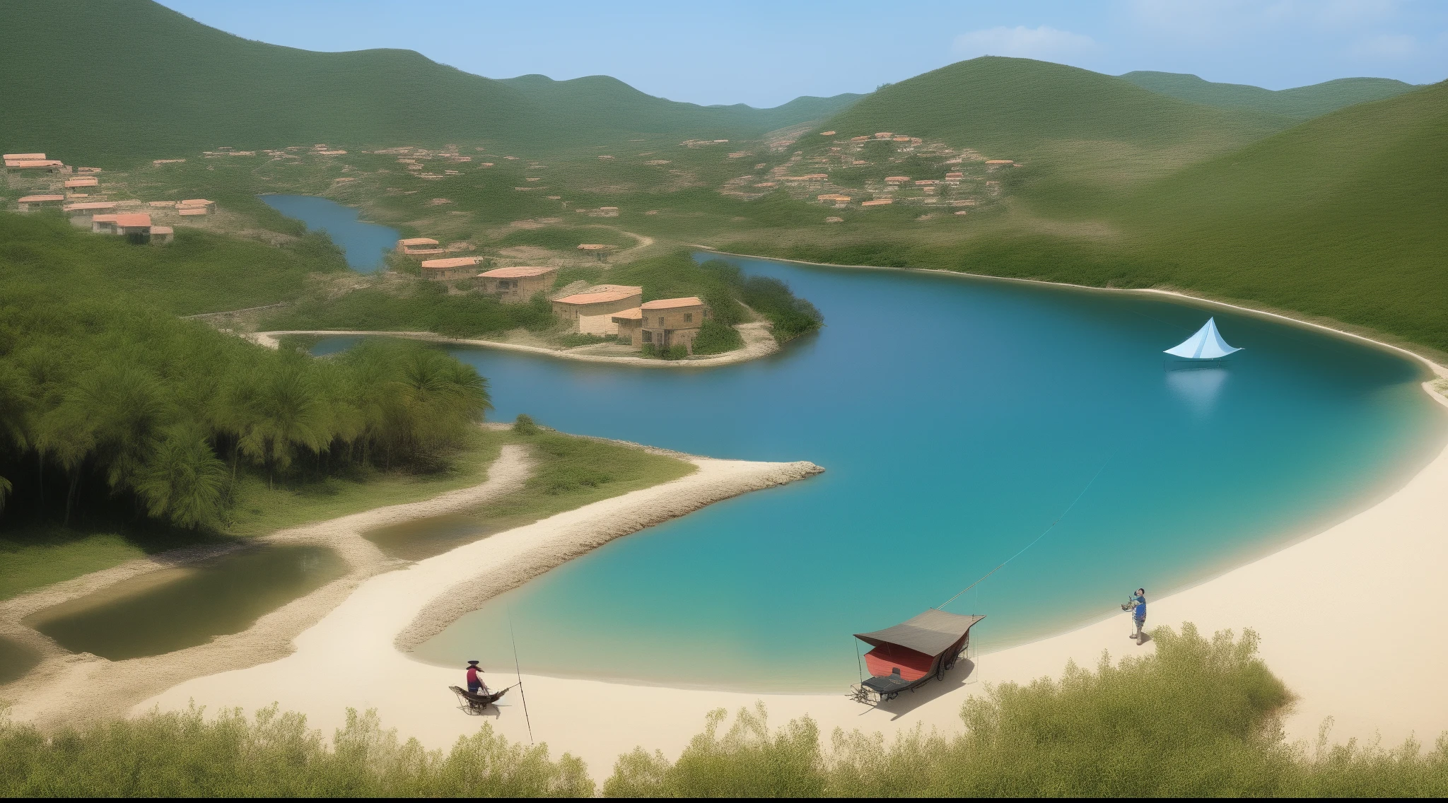 ventania/a person/fishing/rios/villages/kite/fire works