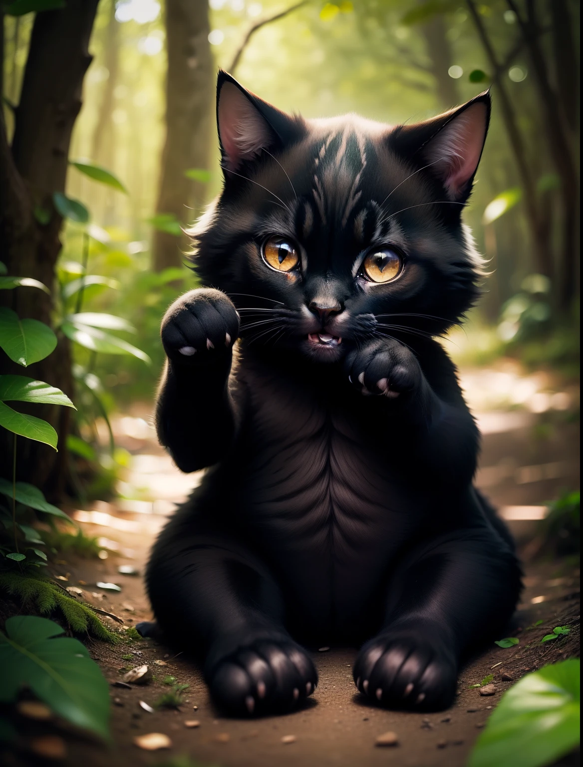 Um gatinho preto pequeno, licking your paw sitting in ultra definition and ultra high resolution in the forest