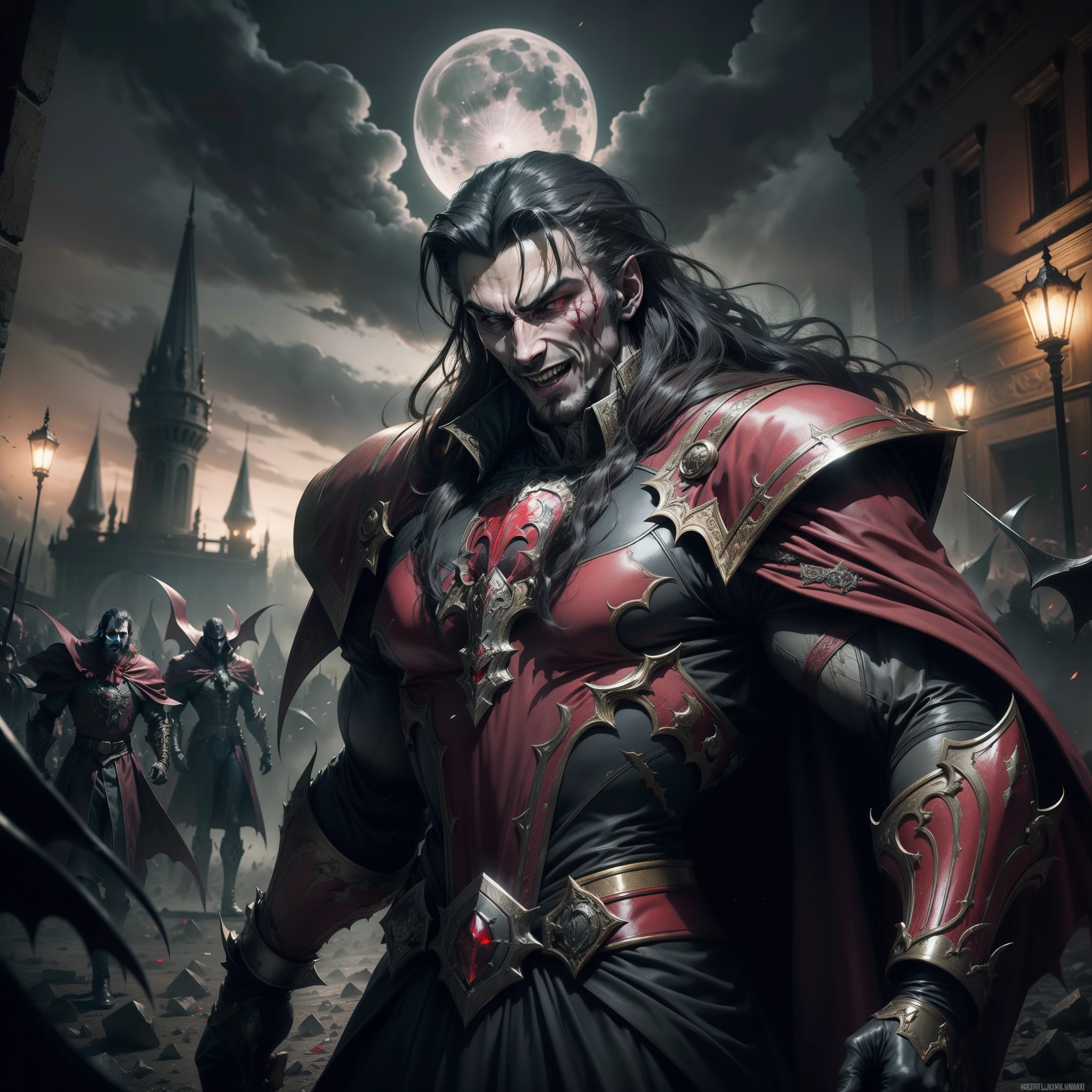 A realistic image of Dracula from the shadow lord Castlevania, in the middle of a battlefield with several fallen soldiers bleeding with the moonlight reflecting off and Dracula with a sword in his hand and with a hyper realistic sarcastic smile super detailed Dynamic masterpiece scene movie cinematic scene