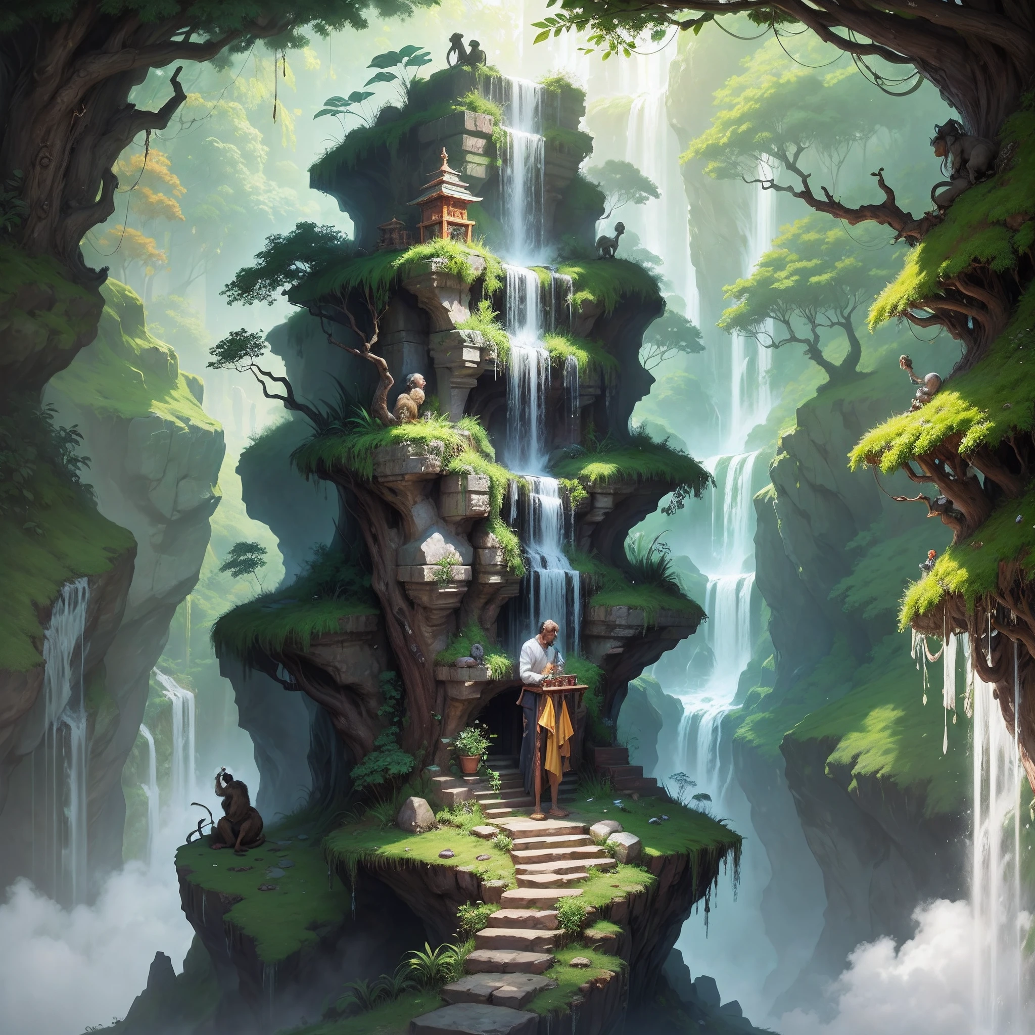 jungle temple, monkey Worshipping, waterfall, fog, daytime. --auto --s2