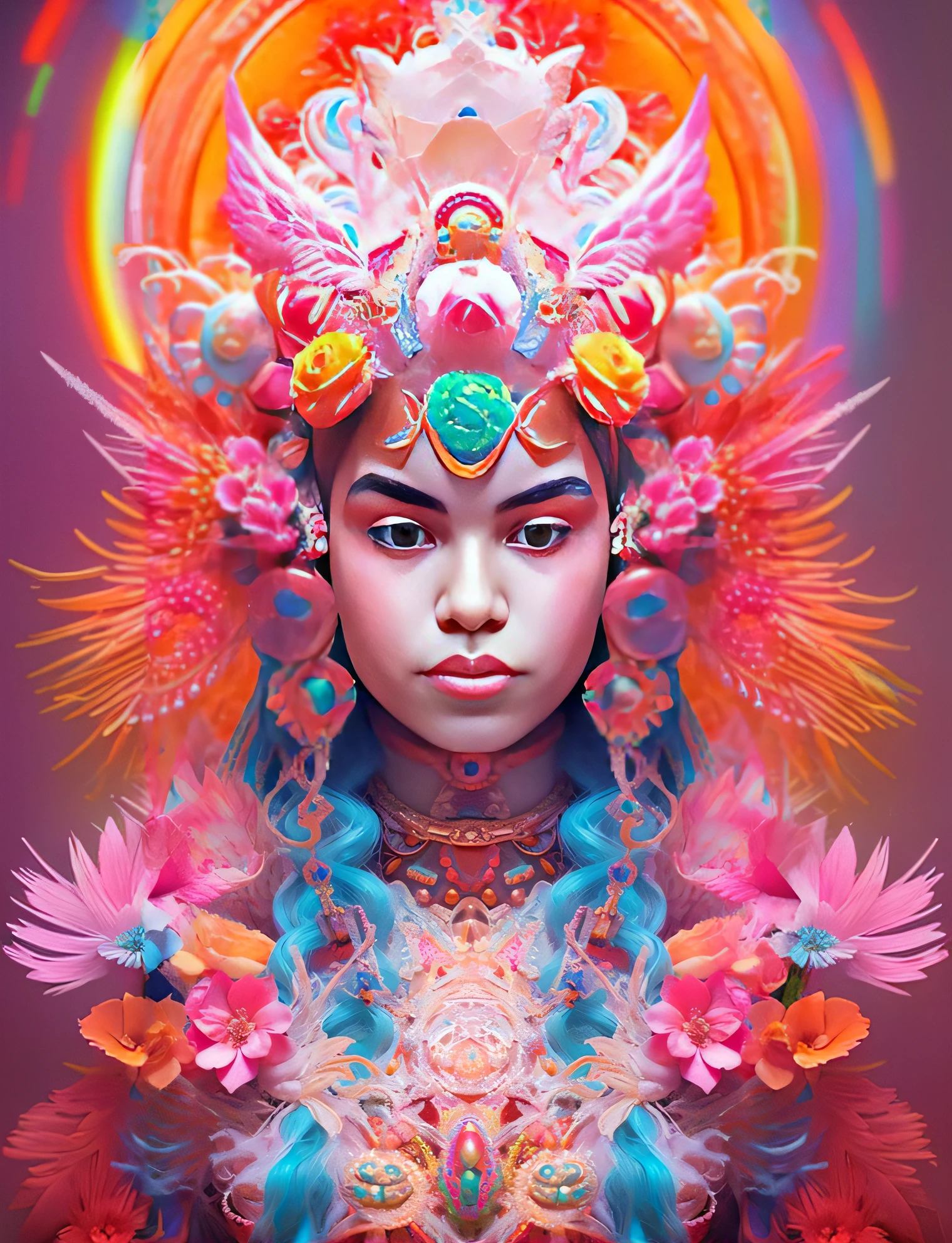 uma mulher com cabelo colorido e um cocar colorido, Beeple e Jeremias Ketner, arte de fantasia digital colorida, RossDraw pastel vibrante, bela arte digital, stunning digital illustration, lindo arte digital, style hybrid mix of beeple, pintura digital colorida, pintura digital vibrante, arte de fantasia digital ), beeple daily art, estilo de fantasia vibrante