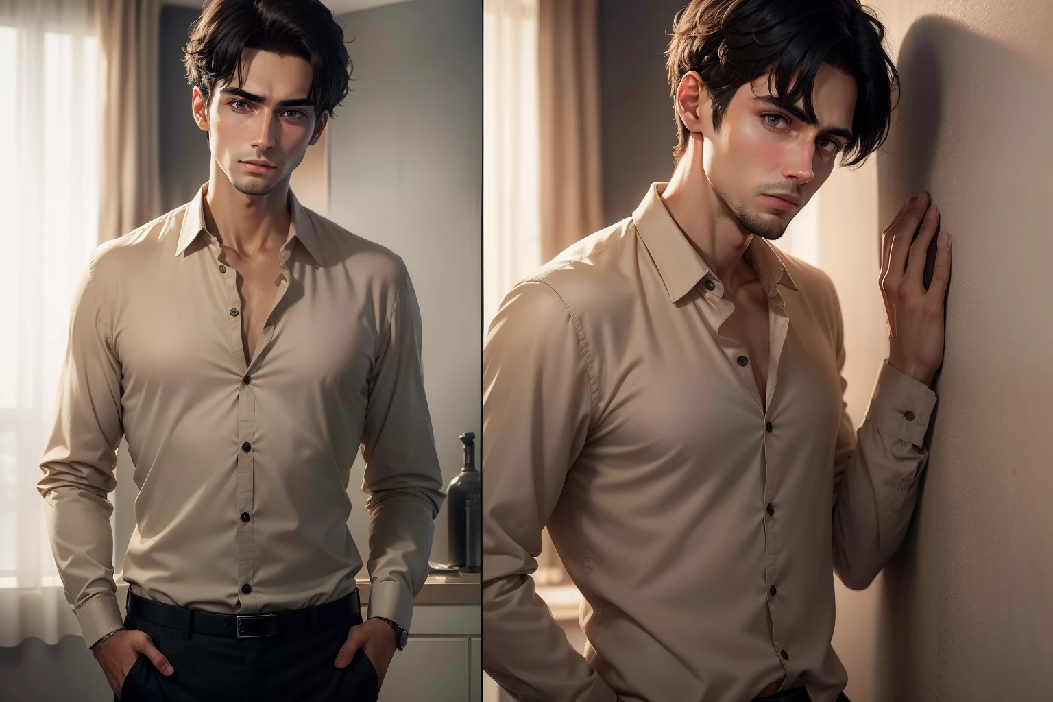Ultra realistic 8k image of a slim 25 year old man, short black hair, dressed in a beige button-up shirt and beige pants, standing in a hotel room with dirty walls, shocked expression