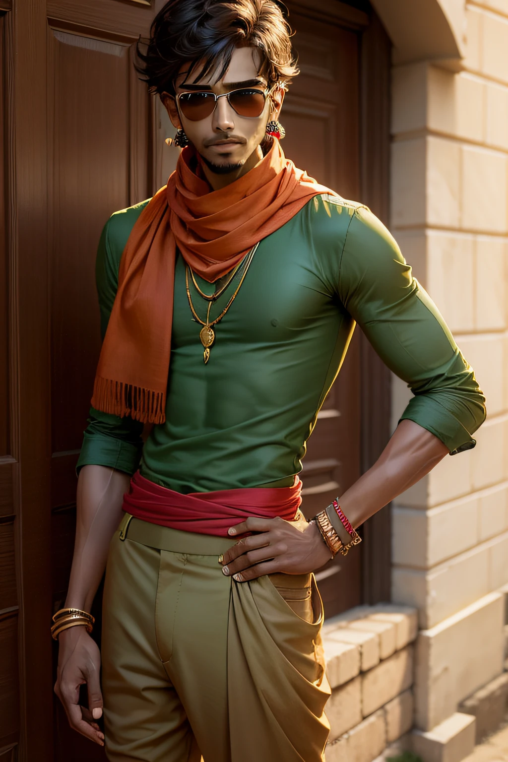skinny indian young male,brown skin, sunglasses, green shirt, red pants, full length, looks trashy, cheap dress, confident facial expression, ((skinny)), looks noveau riche, scarf around neck