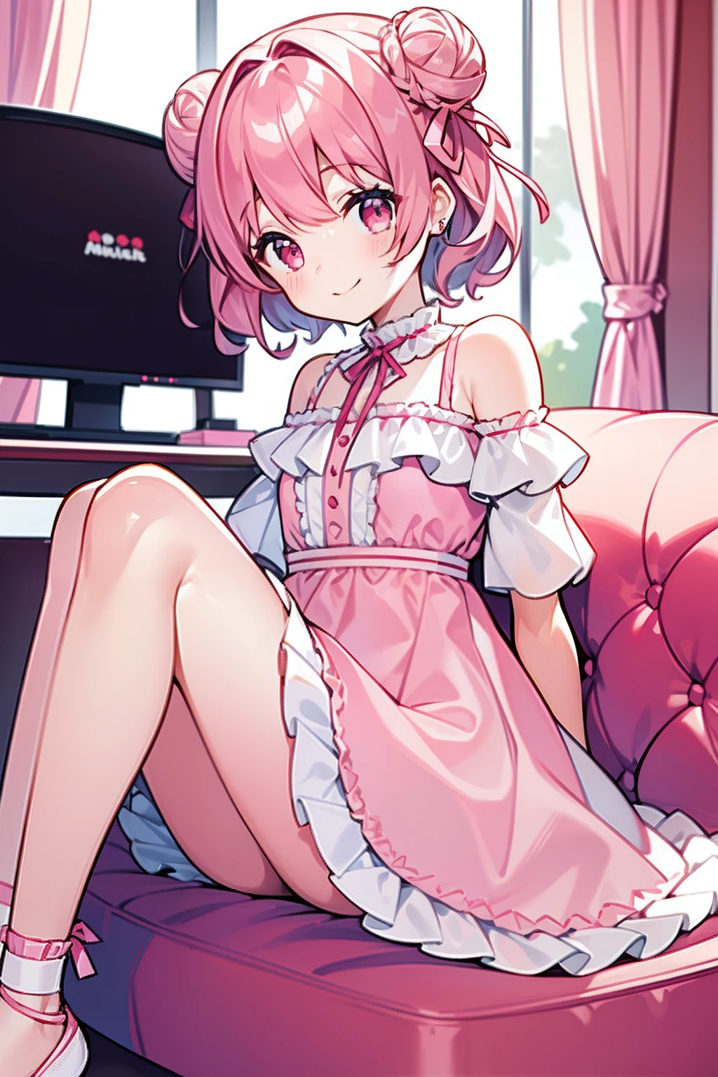 masterpiece, best quality, 1girl, short hair, shoulder-length hair, pink hair, curly hair, two buns, red eyes, smiling, white cute dress, frilled, ribbons, in the living room, sitting on the sofa, ((with computers))