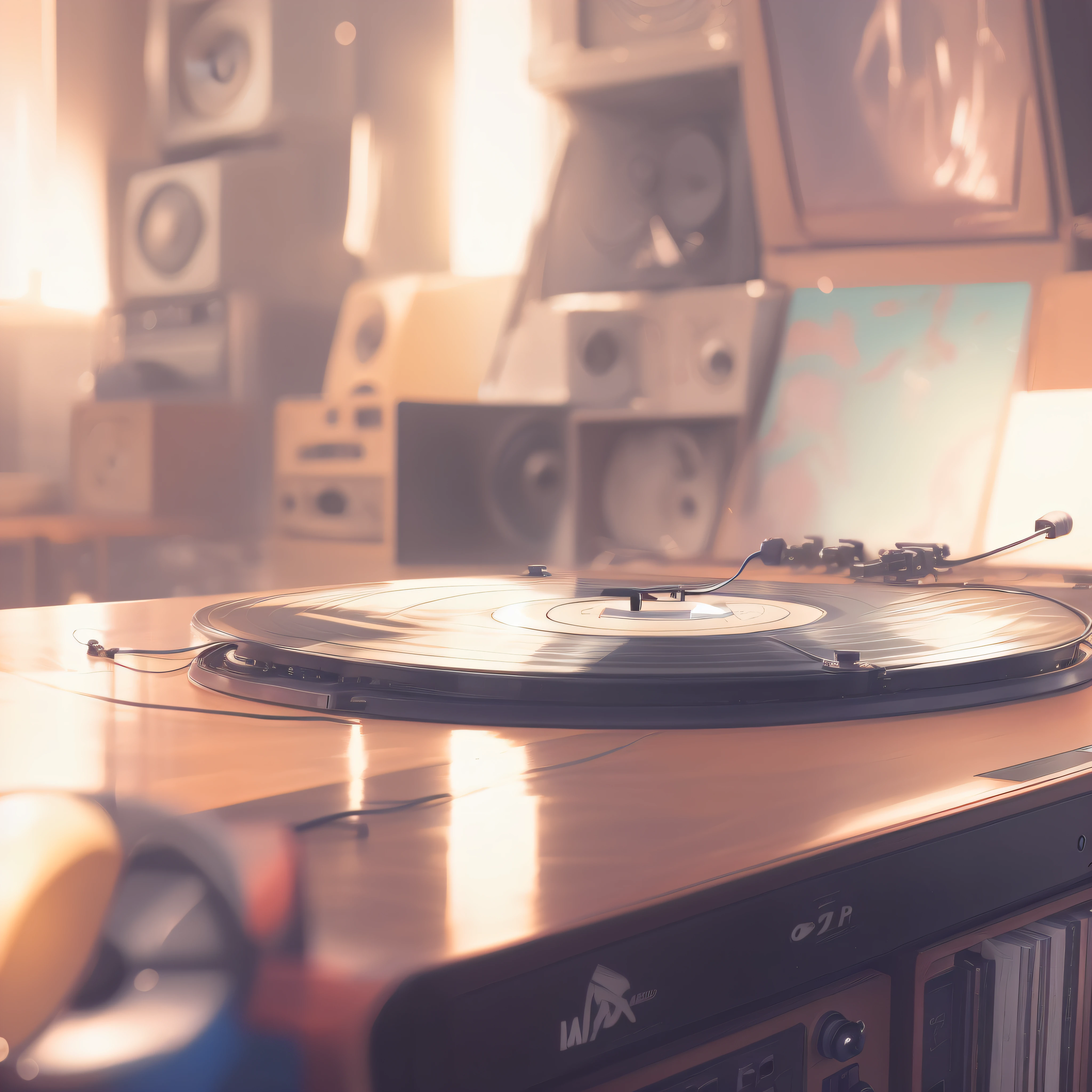 A woman sits behind an LP player