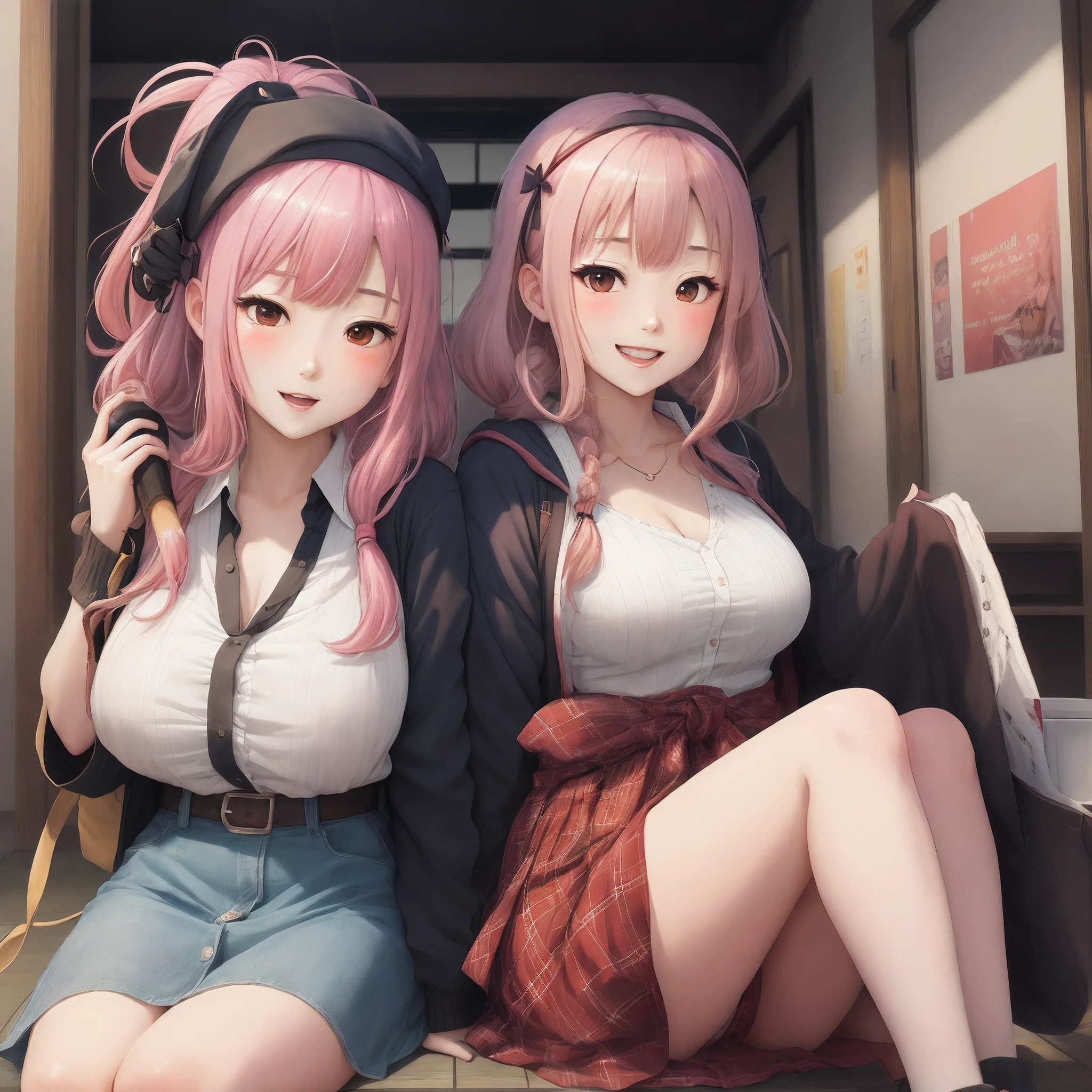 pink hair, hair, 8k, (single girl), (pigtails hairstyle), (masterpiece), ((ultra quality)), ((detailed eyes)), perfect face, (breasts stuck to the table), massive breasts, school girl, sexy look, (sit on chair and put her breasts on the table: 1.4), (huge boobs: 1.5)